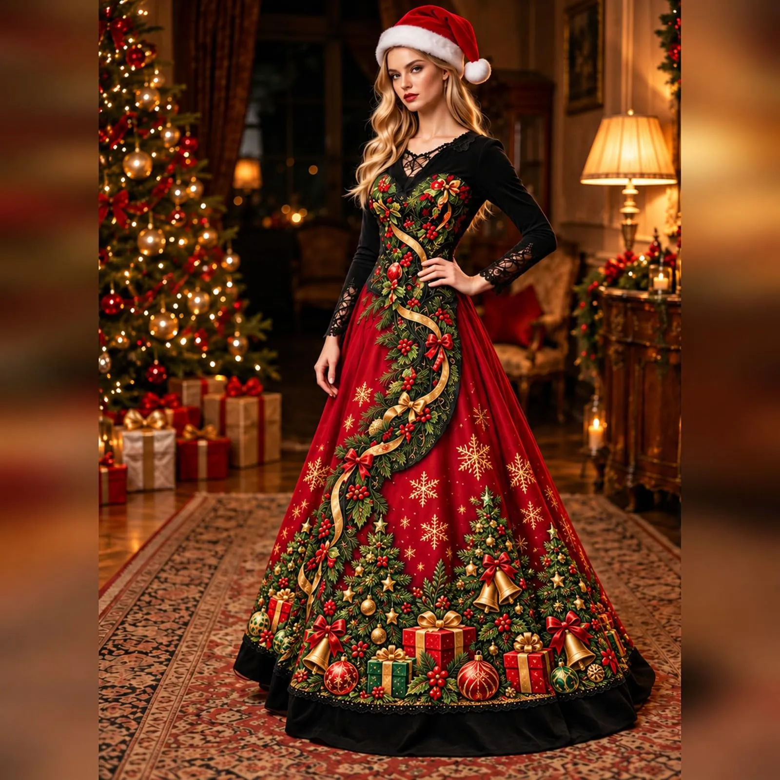 Costume Natale Donna Divertente Elegante Vestito a Gonna Ampi Manica in Pizzo Vestiti Maxi Scollo a V Maniche Lunghe in Pizzo Motivo Natalizia Abito per Natalizi Carnevale e Sessioni Fotografiche - immagine 3