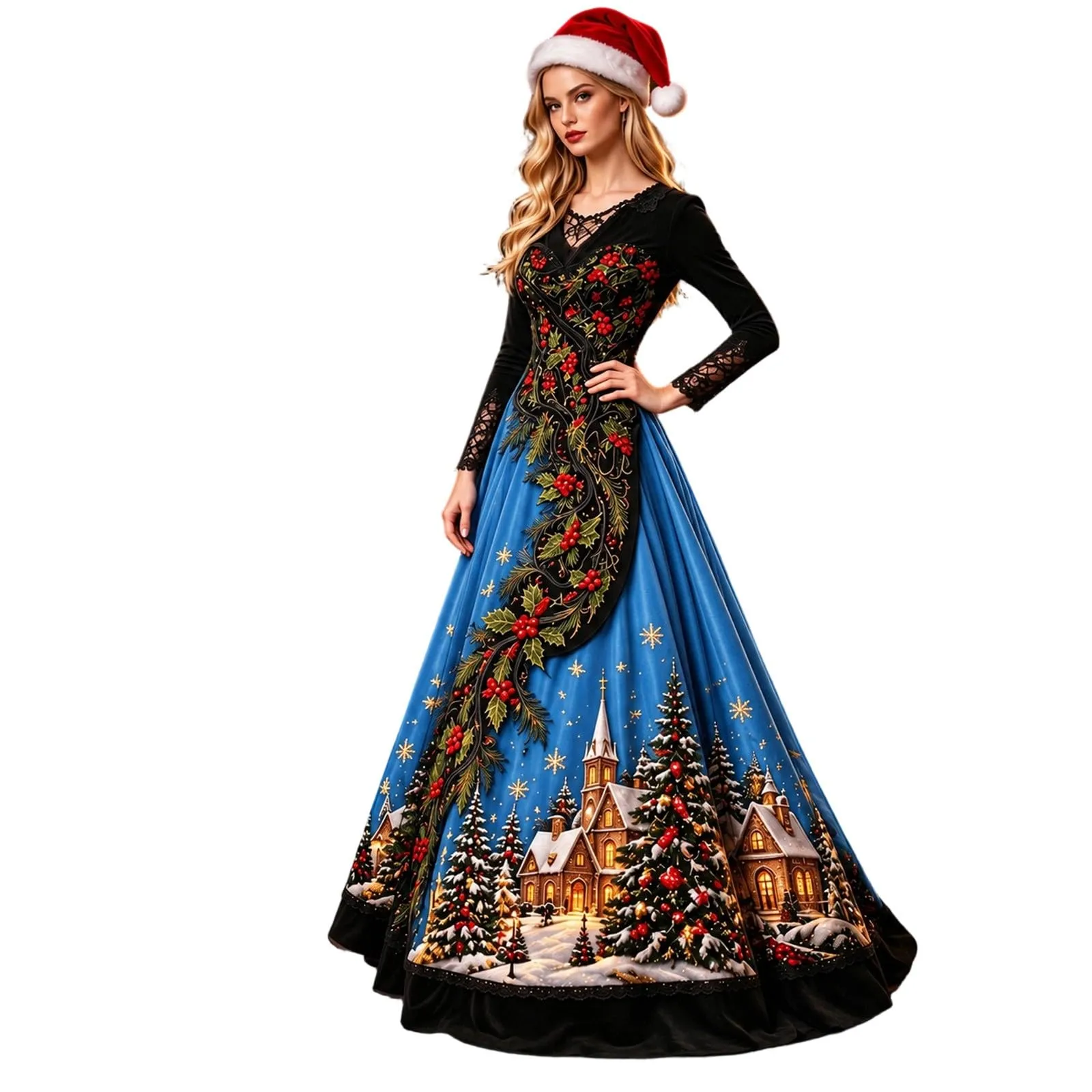 Costume Natale Donna Divertente Elegante Vestito a Gonna Ampi Manica in Pizzo Vestiti Maxi Scollo a V Maniche Lunghe in Pizzo Motivo Natalizia Abito per Natalizi Carnevale e Sessioni Fotografiche - immagine 1