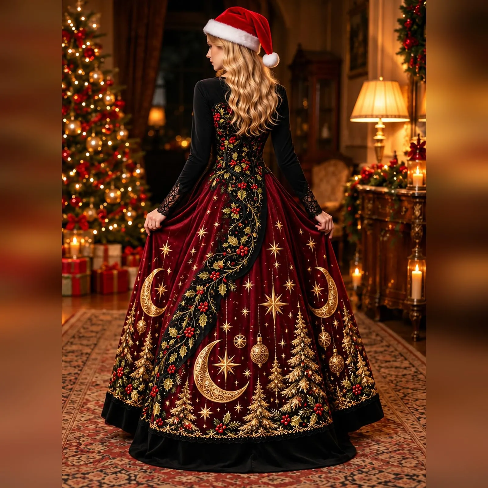 Costume Natale Donna Divertente Elegante Vestito a Gonna Ampi Manica in Pizzo Vestiti Maxi Scollo a V Maniche Lunghe in Pizzo Motivo Natalizia Abito per Natalizi Carnevale e Sessioni Fotografiche - immagine 3