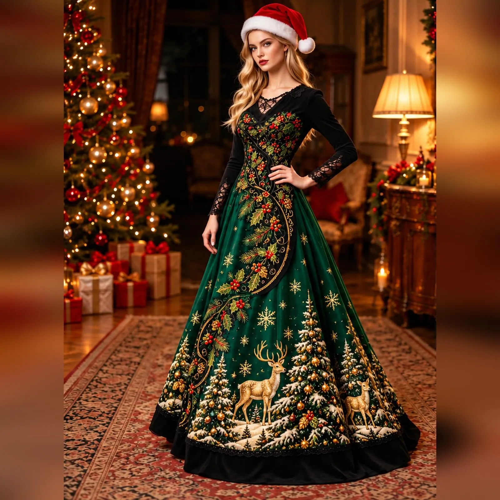 Abito Natalizia Donna Divertente Maniche Pizzo Natale Motivo Elegante Vestito da Cocktail Vintage Rockabilly Sera e Cerimonia Vestiti A Line con Scollo a V Vestiti per Capodanno Cerimonia - immagine 2