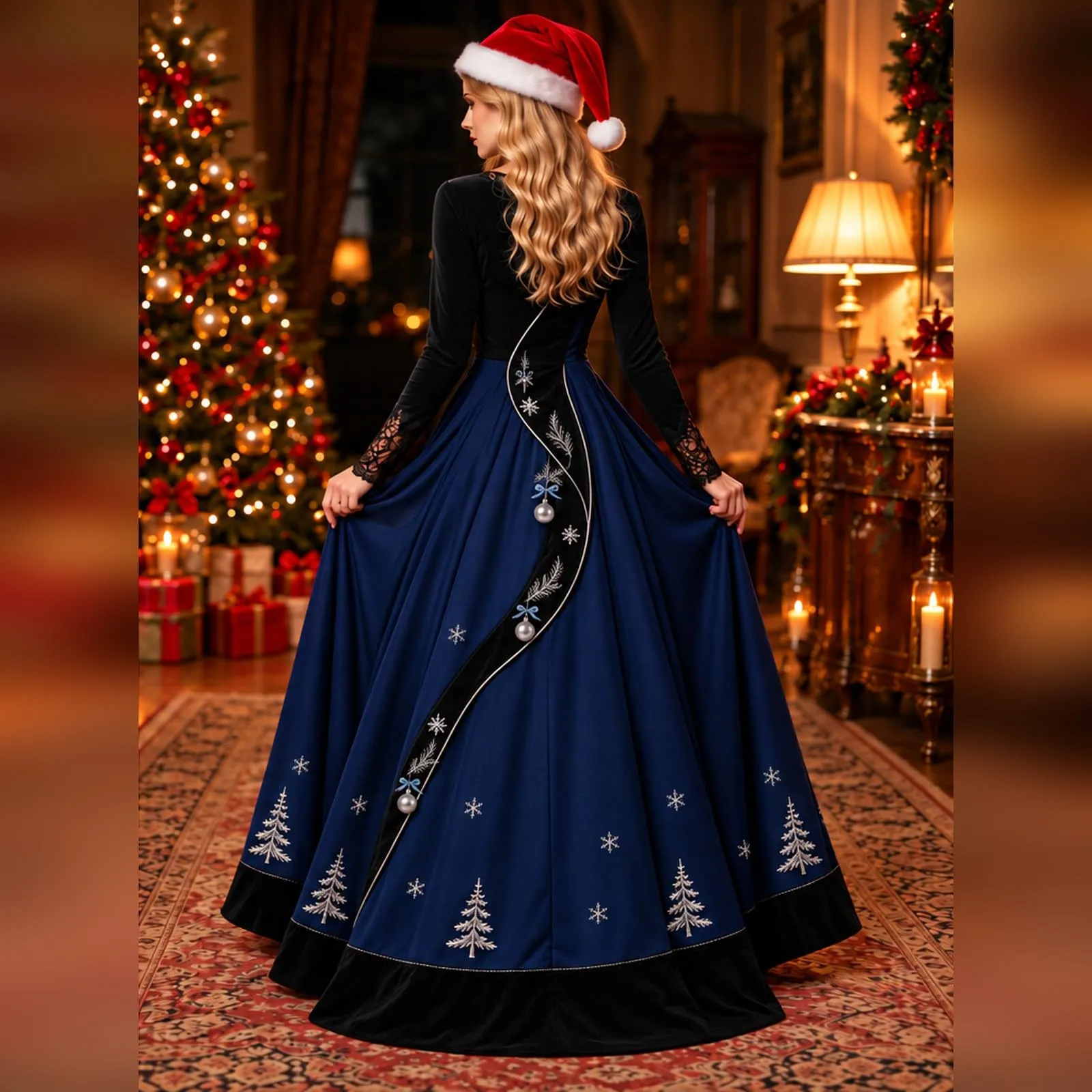 Costume Natale Donna Divertente Elegante Vestito a Gonna Ampi Manica in Pizzo Vestiti Maxi Scollo a V Maniche Lunghe in Pizzo Motivo Natalizia Abito per Natalizi Carnevale e Sessioni Fotografiche - immagine 2