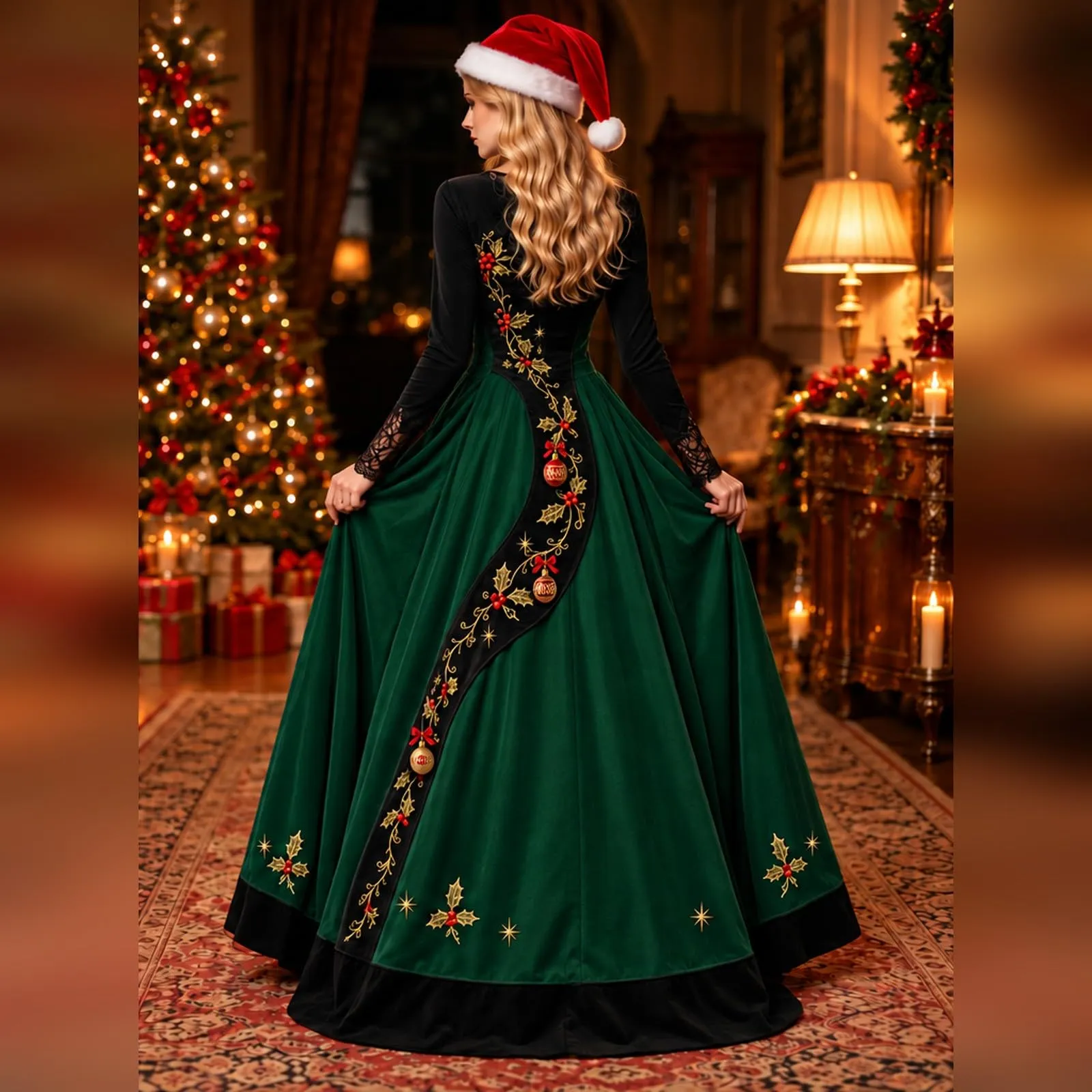 Costume Natale Donna Divertente Elegante Vestito a Gonna Ampi Manica in Pizzo Vestiti Maxi Scollo a V Maniche Lunghe in Pizzo Motivo Natalizia Abito per Natalizi Carnevale e Sessioni Fotografiche - immagine 2