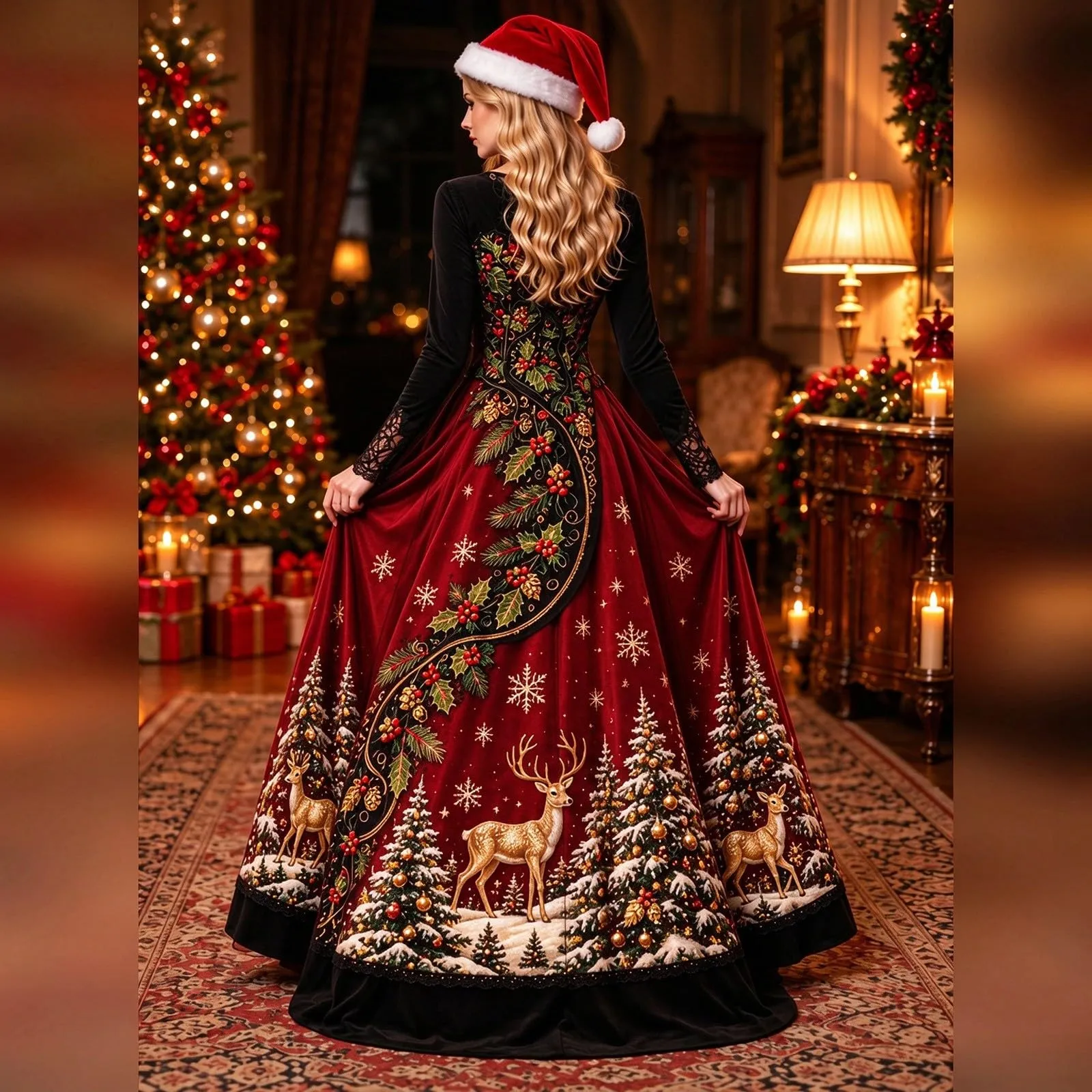 Abito Natalizia Donna Divertente Maniche Pizzo Natale Motivo Elegante Vestito da Cocktail Vintage Rockabilly Sera e Cerimonia Vestiti A Line con Scollo a V Vestiti per Capodanno Cerimonia - immagine 3