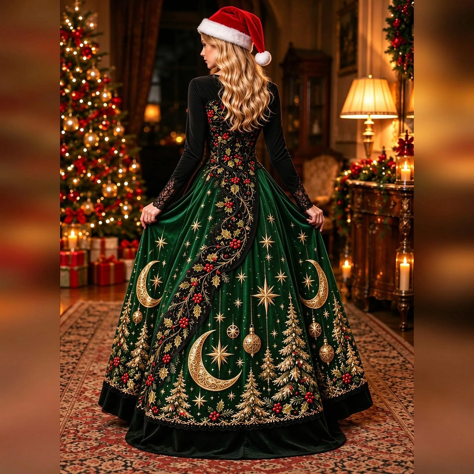 Costume Natale Donna Divertente Elegante Vestito a Gonna Ampi Manica in Pizzo Vestiti Maxi Scollo a V Maniche Lunghe in Pizzo Motivo Natalizia Abito per Natalizi Carnevale e Sessioni Fotografiche - immagine 3