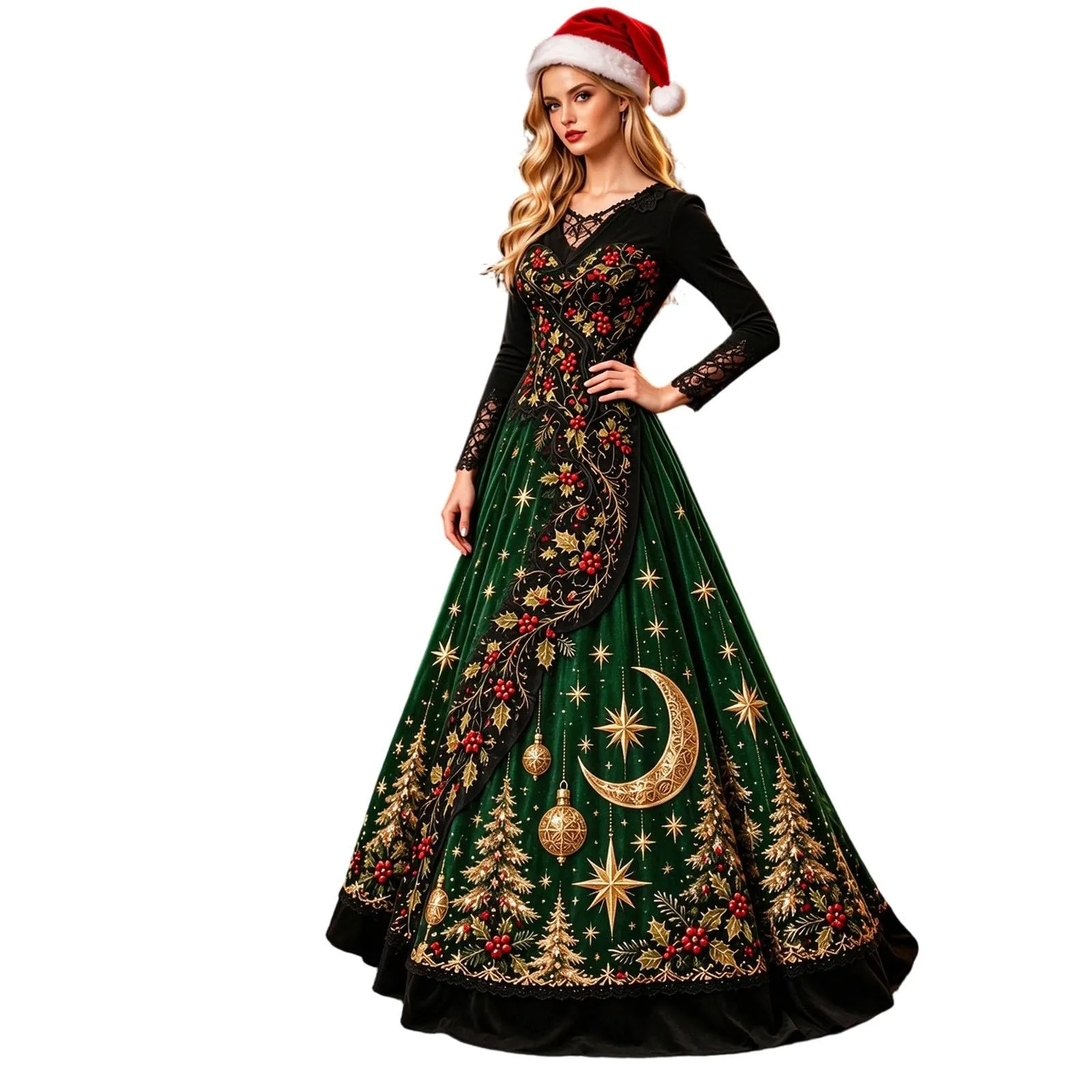 Costume Natale Donna Divertente Elegante Vestito a Gonna Ampi Manica in Pizzo Vestiti Maxi Scollo a V Maniche Lunghe in Pizzo Motivo Natalizia Abito per Natalizi Carnevale e Sessioni Fotografiche - immagine 1