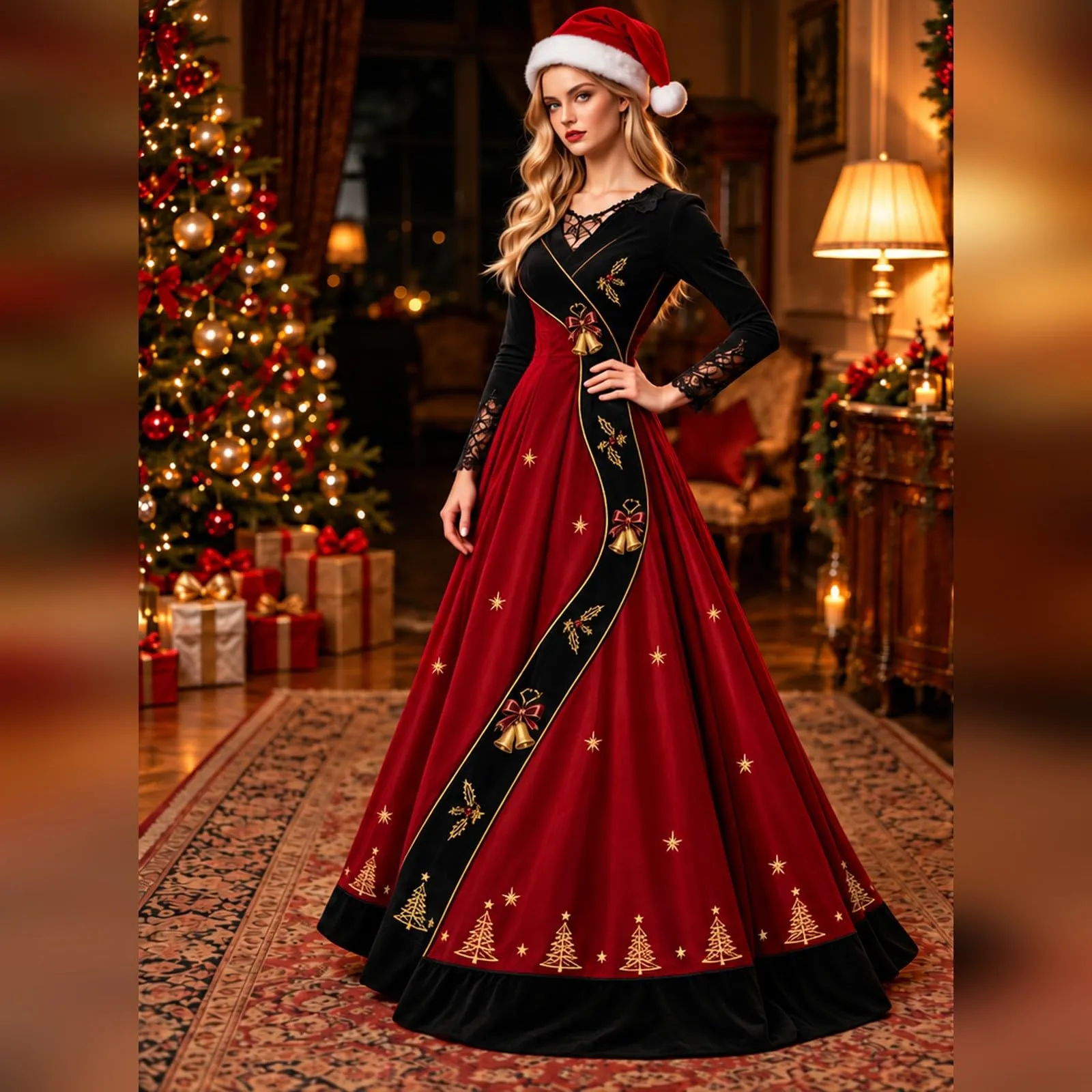 Costume Natale Donna Divertente Elegante Vestito a Gonna Ampi Manica in Pizzo Vestiti Maxi Scollo a V Maniche Lunghe in Pizzo Motivo Natalizia Abito per Natalizi Carnevale e Sessioni Fotografiche - immagine 3