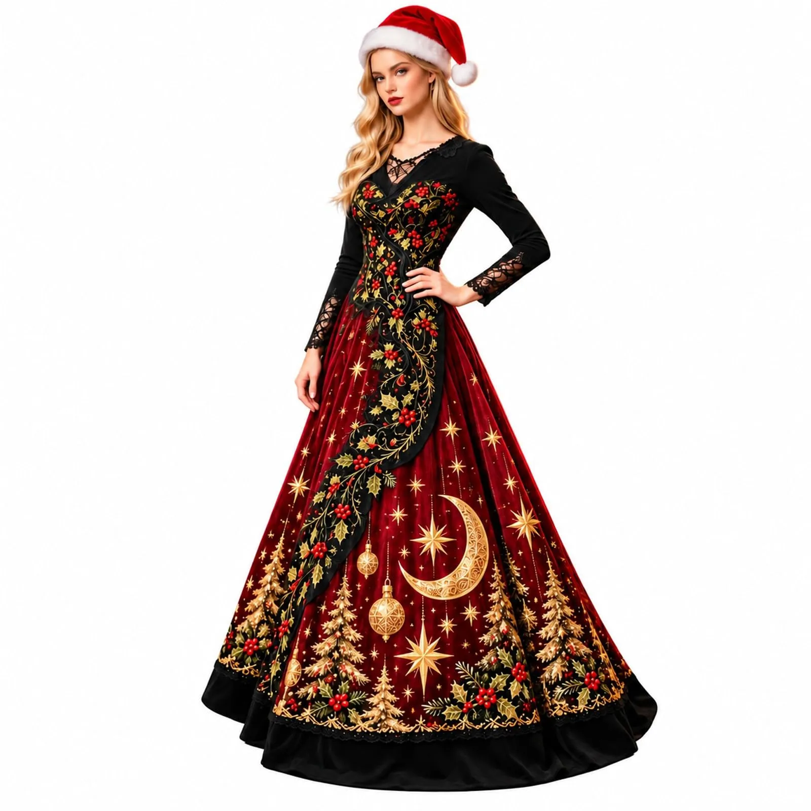 Costume Natale Donna Divertente Elegante Vestito a Gonna Ampi Manica in Pizzo Vestiti Maxi Scollo a V Maniche Lunghe in Pizzo Motivo Natalizia Abito per Natalizi Carnevale e Sessioni Fotografiche - immagine 1