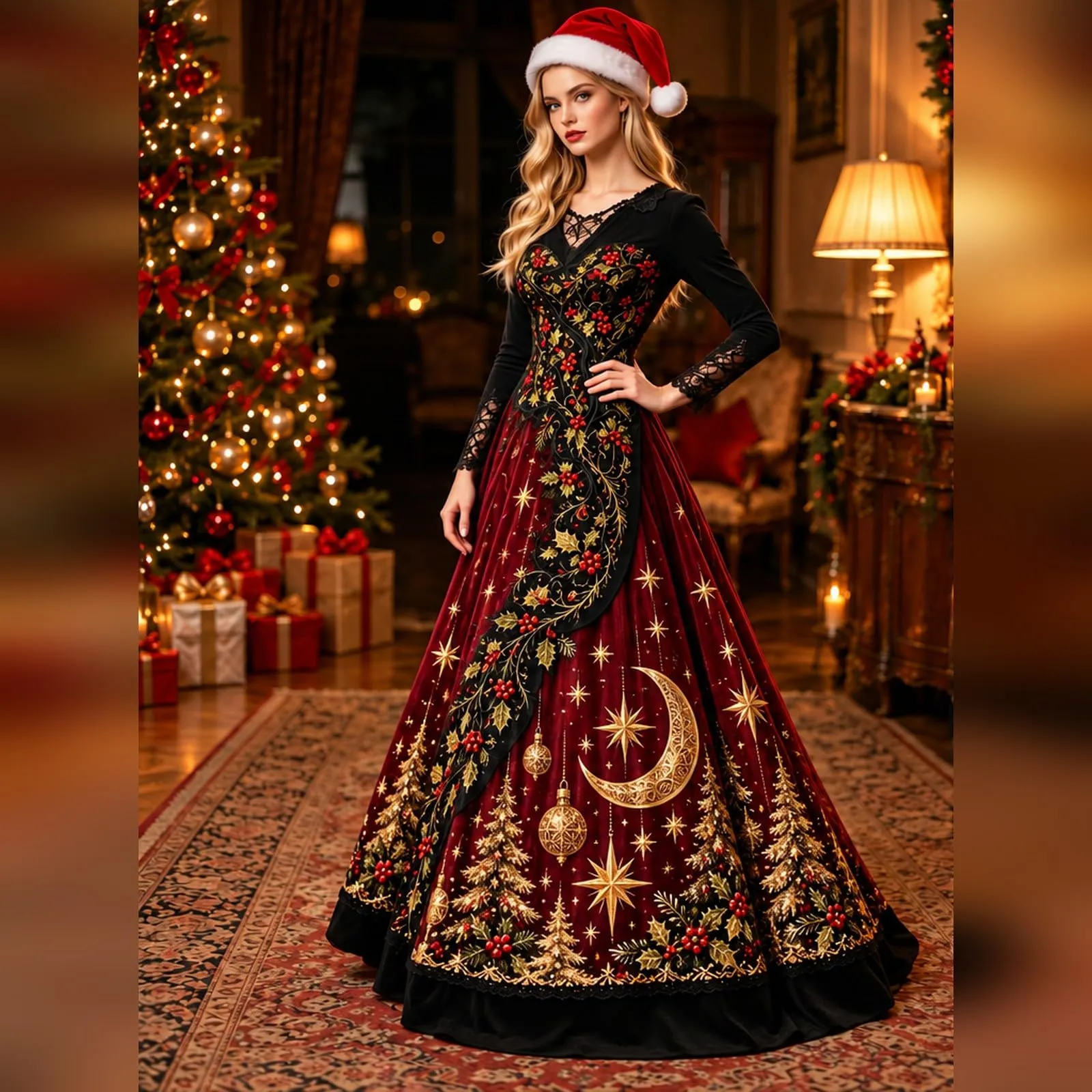 Costume Natale Donna Divertente Elegante Vestito a Gonna Ampi Manica in Pizzo Vestiti Maxi Scollo a V Maniche Lunghe in Pizzo Motivo Natalizia Abito per Natalizi Carnevale e Sessioni Fotografiche - immagine 2