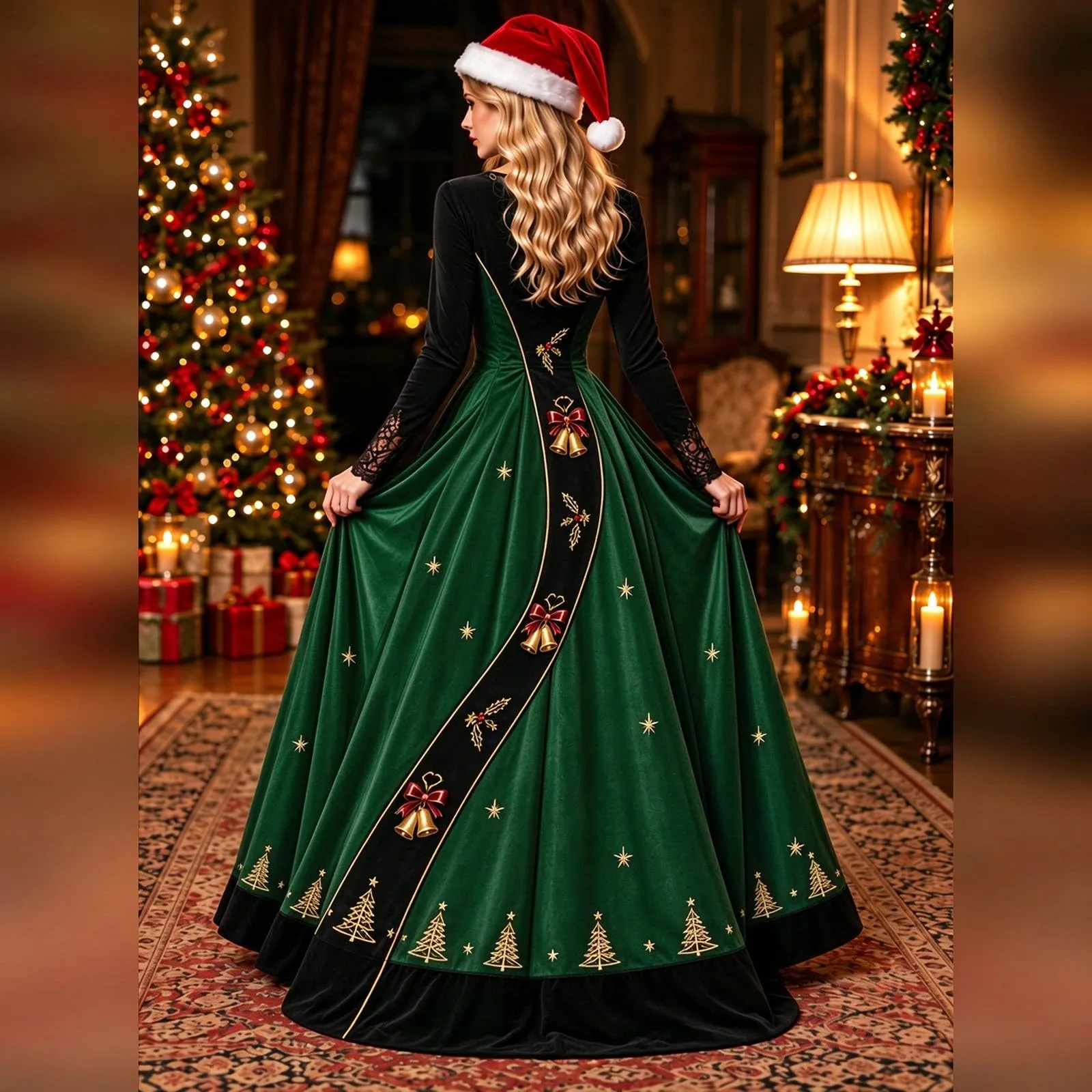 Costume Natale Donna Divertente Elegante Vestito a Gonna Ampi Manica in Pizzo Vestiti Maxi Scollo a V Maniche Lunghe in Pizzo Motivo Natalizia Abito per Natalizi Carnevale e Sessioni Fotografiche - immagine 2