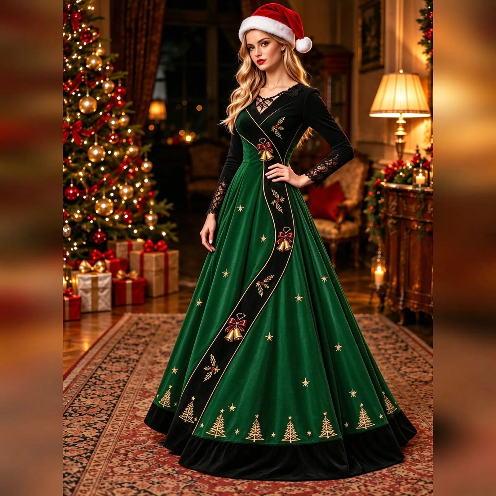 Costume Natale Donna Divertente Elegante Vestito a Gonna Ampi Manica in Pizzo Vestiti Maxi Scollo a V Maniche Lunghe in Pizzo Motivo Natalizia Abito per Natalizi Carnevale e Sessioni Fotografiche - immagine 3