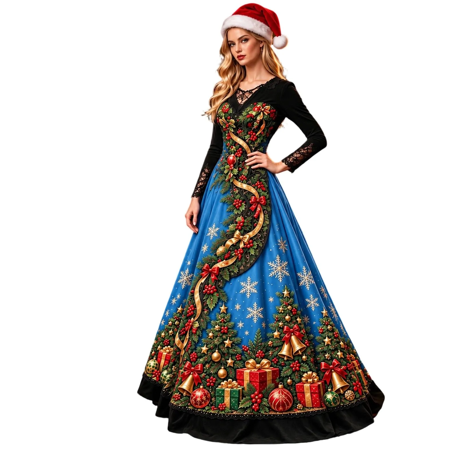 Costume Natale Donna Divertente Elegante Vestito a Gonna Ampi Manica in Pizzo Vestiti Maxi Scollo a V Maniche Lunghe in Pizzo Motivo Natalizia Abito per Natalizi Carnevale e Sessioni Fotografiche - immagine 1