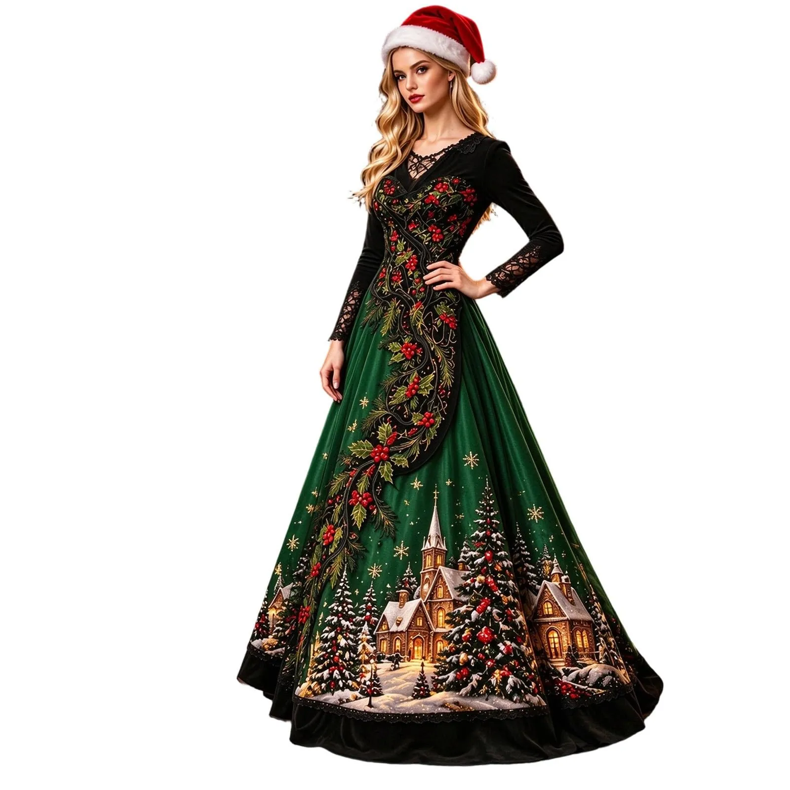 Costume Natale Donna Divertente Elegante Vestito a Gonna Ampi Manica in Pizzo Vestiti Maxi Scollo a V Maniche Lunghe in Pizzo Motivo Natalizia Abito per Natalizi Carnevale e Sessioni Fotografiche - immagine 1