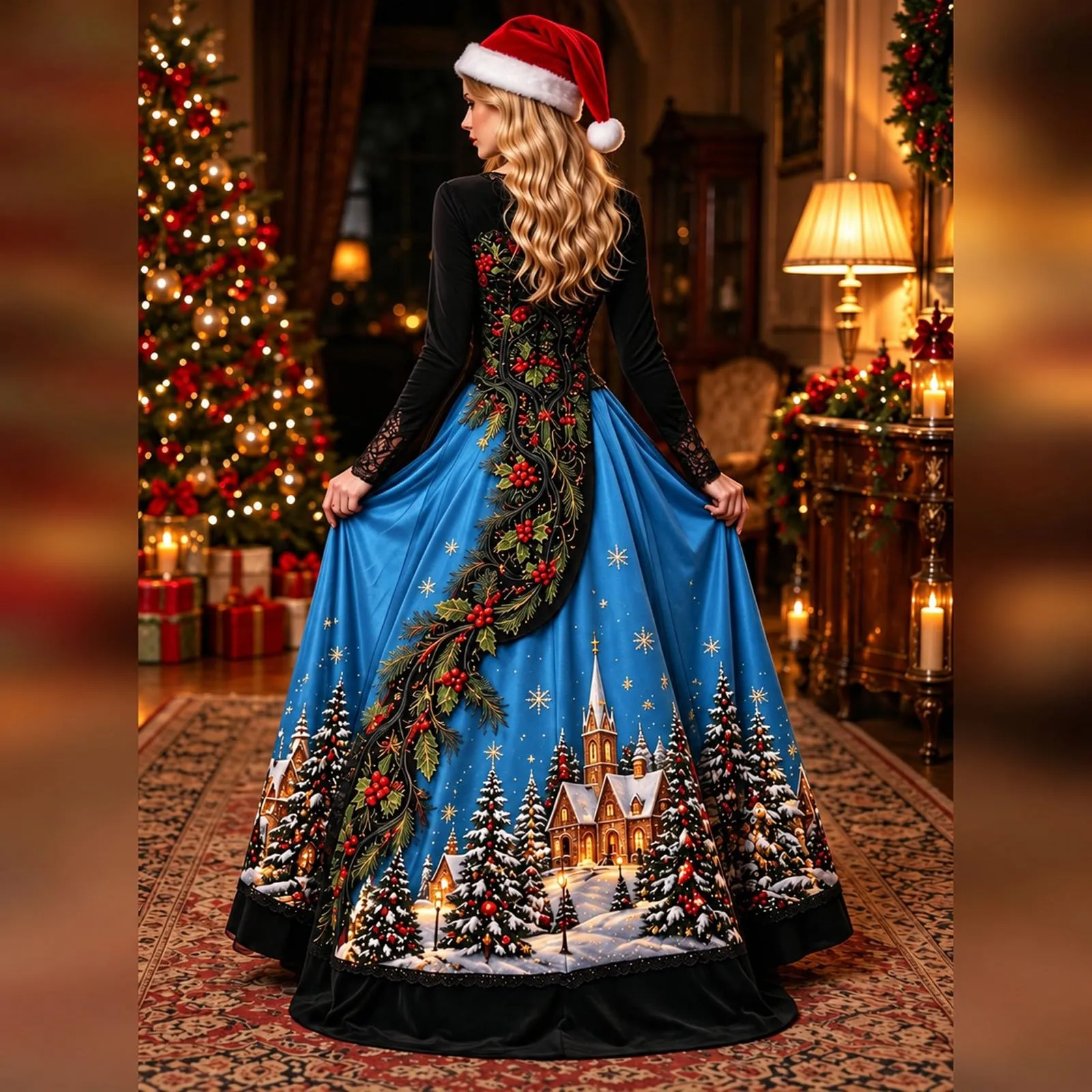 Costume Natale Donna Divertente Elegante Vestito a Gonna Ampi Manica in Pizzo Vestiti Maxi Scollo a V Maniche Lunghe in Pizzo Motivo Natalizia Abito per Natalizi Carnevale e Sessioni Fotografiche - immagine 3