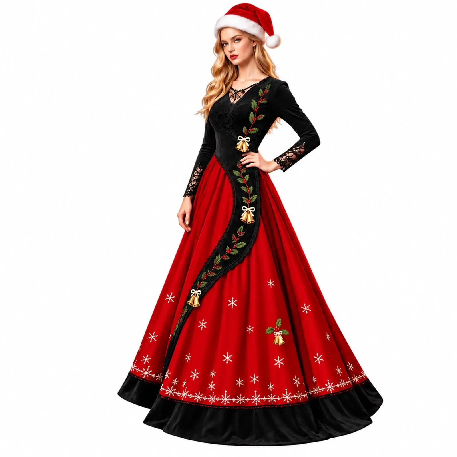 Costume Natale Donna Divertente Elegante Vestito a Gonna Ampi Manica in Pizzo Vestiti Maxi Scollo a V Maniche Lunghe in Pizzo Motivo Natalizia Abito per Natalizi Carnevale e Sessioni Fotografiche - immagine 1