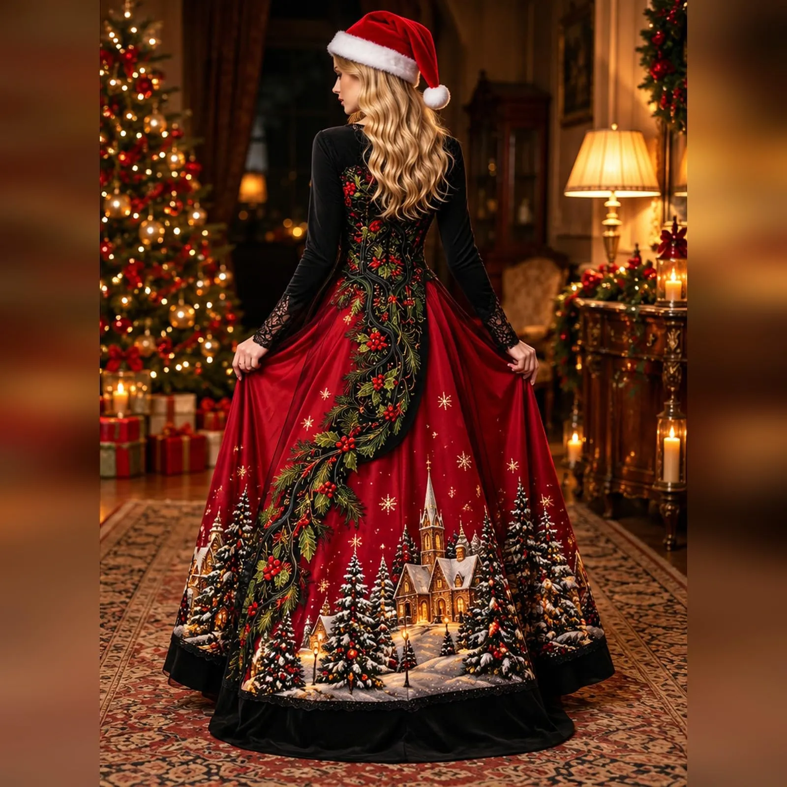 Costume Natale Donna Divertente Elegante Vestito a Gonna Ampi Manica in Pizzo Vestiti Maxi Scollo a V Maniche Lunghe in Pizzo Motivo Natalizia Abito per Natalizi Carnevale e Sessioni Fotografiche - immagine 2