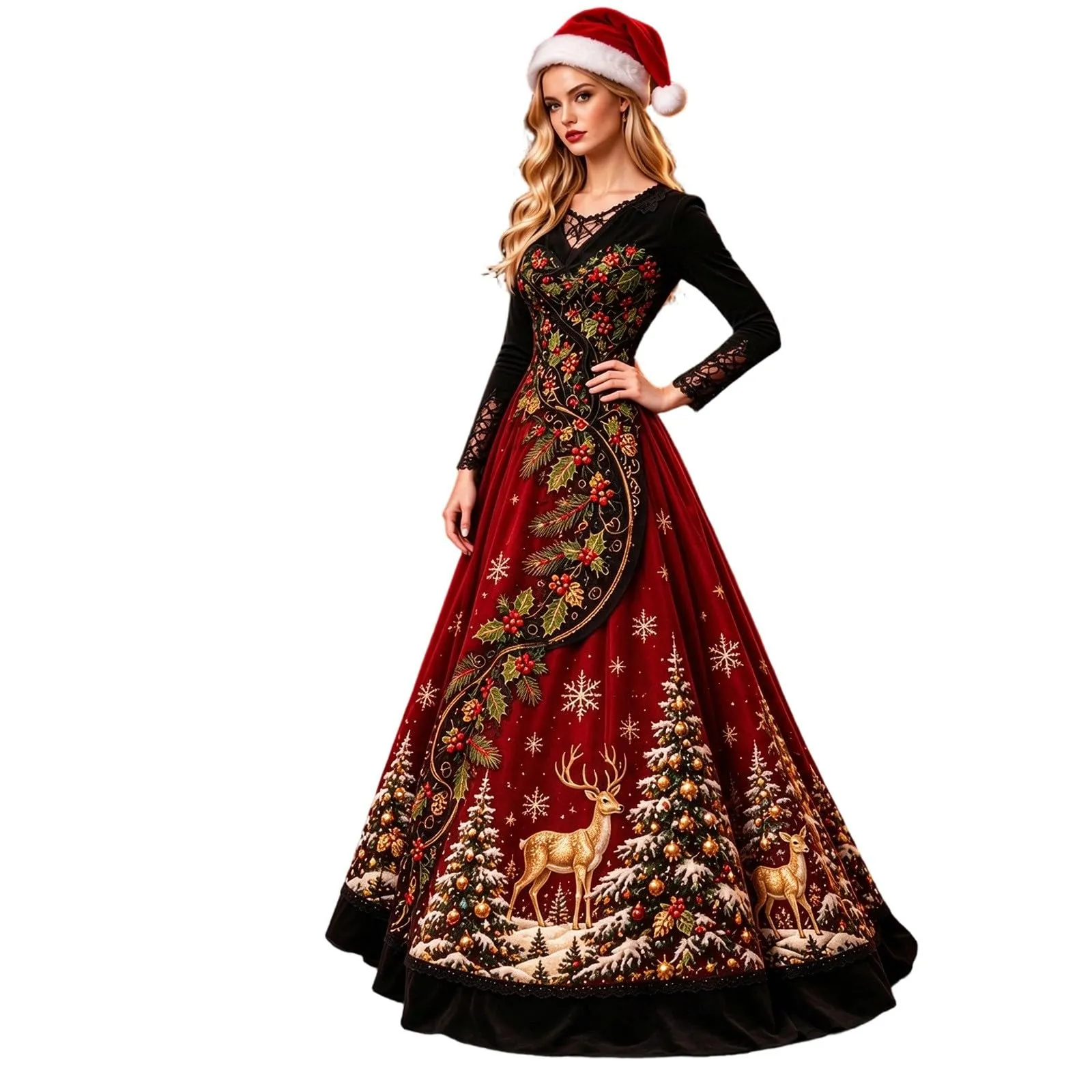 Abito Natalizia Donna Divertente Maniche Pizzo Natale Motivo Elegante Vestito da Cocktail Vintage Rockabilly Sera e Cerimonia Vestiti A Line con Scollo a V Vestiti per Capodanno Cerimonia - immagine 1