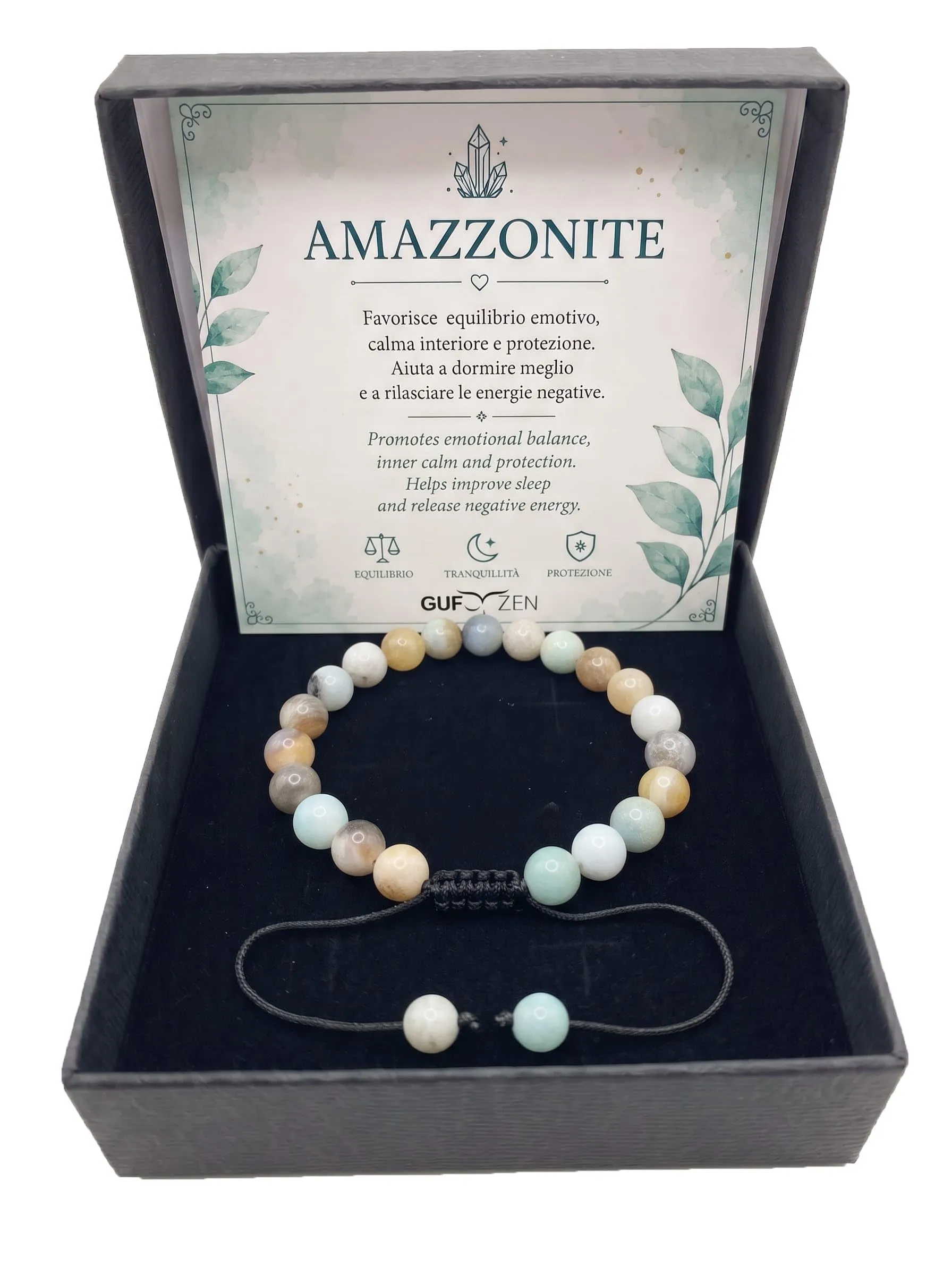 Bracciale Pietre Naturali 8mm GufoZen Regolabile - Cristalli Veri Uomo e Donna - Accessorio per Yoga e Meditazione - Idea Regalo Originale con Scatola Premium - Braccialetto Energia (Amazzonite) - immagine 1