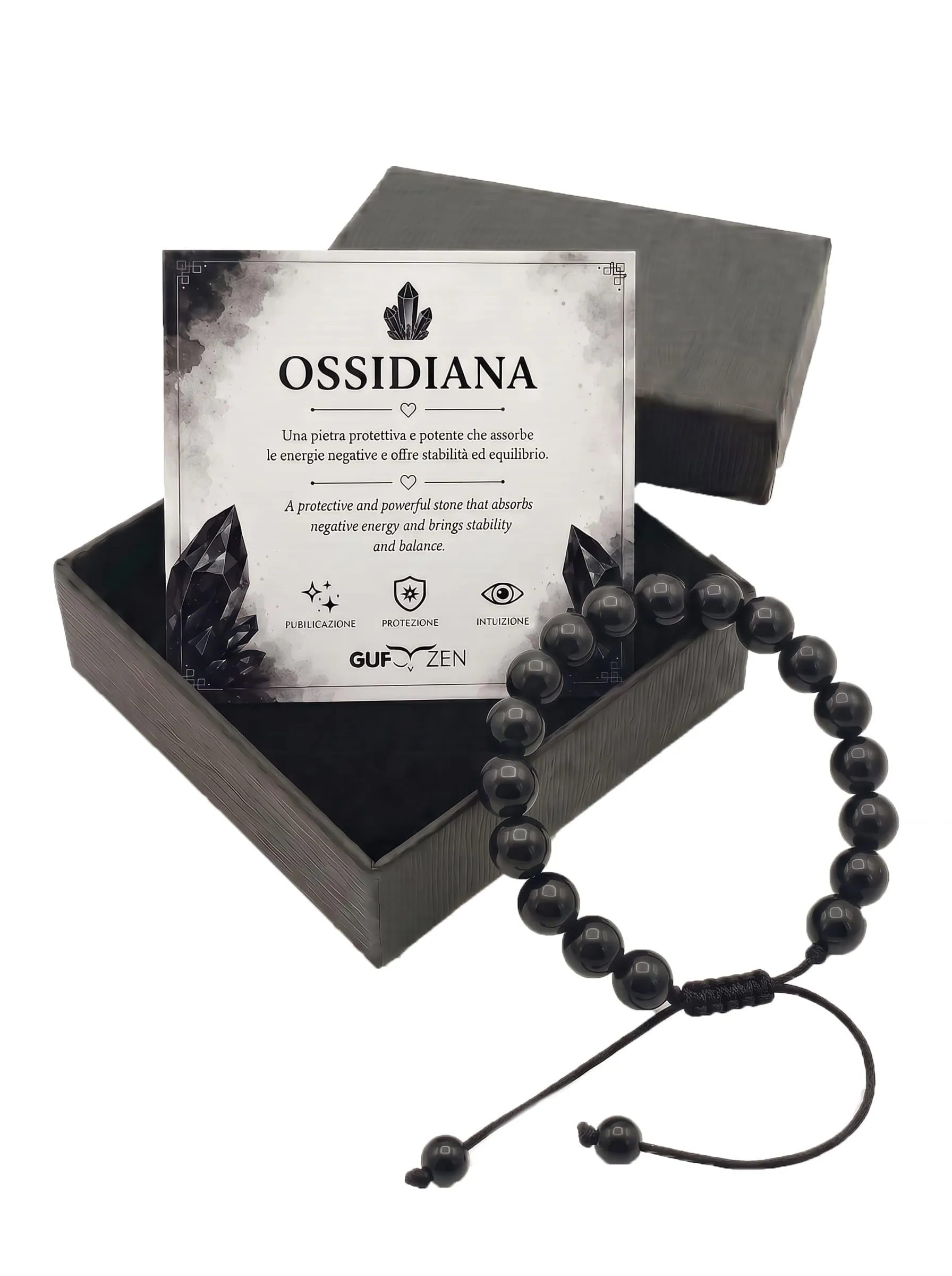 Bracciale Pietre Naturali 8mm GufoZen Regolabile - Cristalli Veri Uomo e Donna - Accessorio per Yoga e Meditazione - Idea Regalo Originale con Scatola Premium - Braccialetto Energia (Ossidiana) - immagine 1