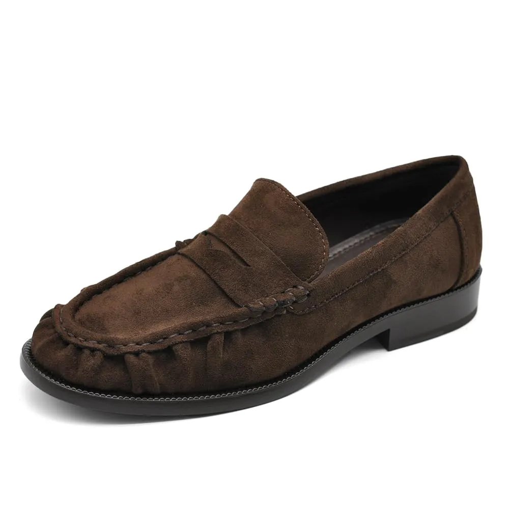 Mocassini Donna Eleganti con Punta Arricciata, Effetto Scamosciato, Stile College Penny Loafer, Tacco Basso GA076 Marrone N.36 - immagine 1