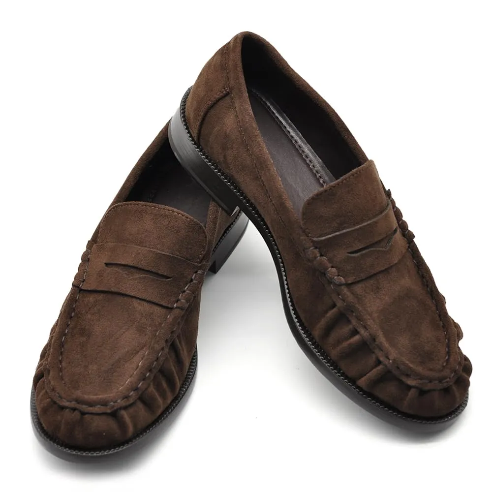 Mocassini Donna Eleganti con Punta Arricciata, Effetto Scamosciato, Stile College Penny Loafer, Tacco Basso GA076 Marrone N.36 - immagine 2