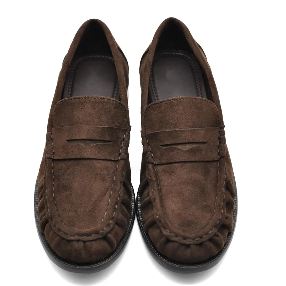 Mocassini Donna Eleganti con Punta Arricciata, Effetto Scamosciato, Stile College Penny Loafer, Tacco Basso GA076 Marrone N.41 - immagine 4
