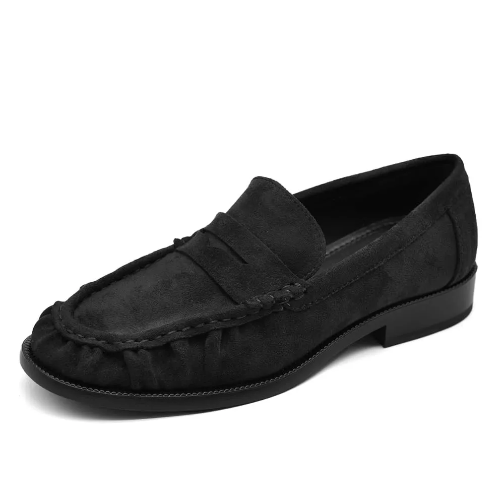 Mocassini Donna Eleganti con Punta Arricciata, Effetto Scamosciato, Stile College Penny Loafer, Tacco Basso GA076 Nero N.41 - immagine 1