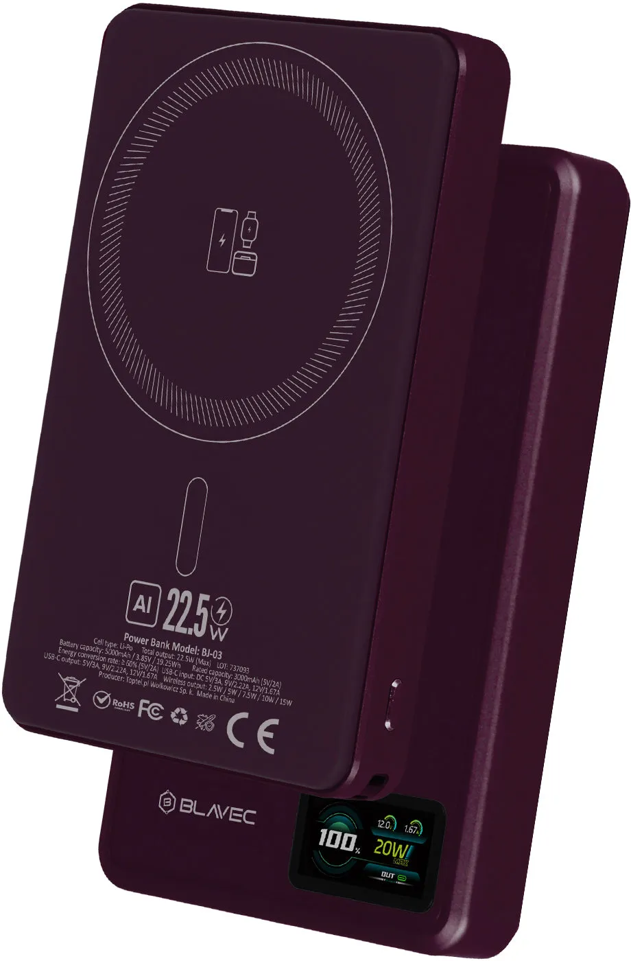 Batteria esterna wireless Blavec BJ-03 Slim, 10000 mAh, 22,5 W, PD + FQI, 1 x QI - 1 x USB-C, viola - immagine 1
