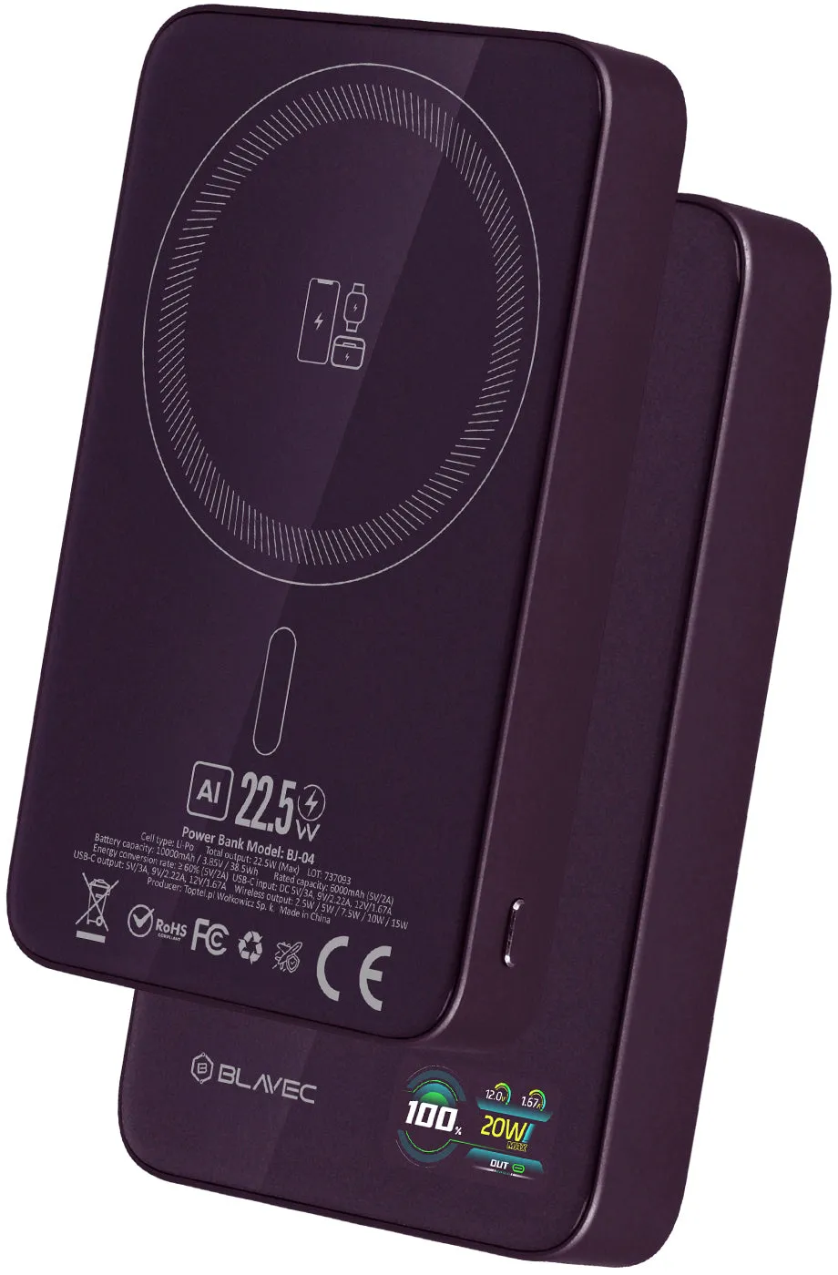 Batteria esterna wireless Blavec BJ-04 Slim, 10000 mAh, 22,5 W, PD + FQI, 1 x QI - 1 x USB-C, viola - immagine 1