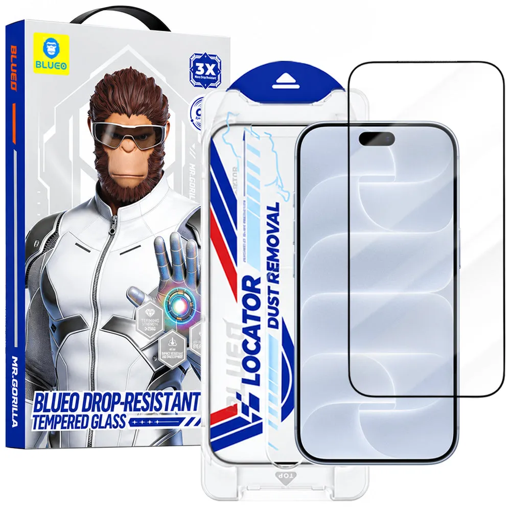 Pellicola protettiva per schermo Blueo Drop Resistant Applicator Pro per Apple iPhone 18 Pro / 17 Pro / 17 / 16 Pro, vetro temperato, adesivo integrale, nera - immagine 1