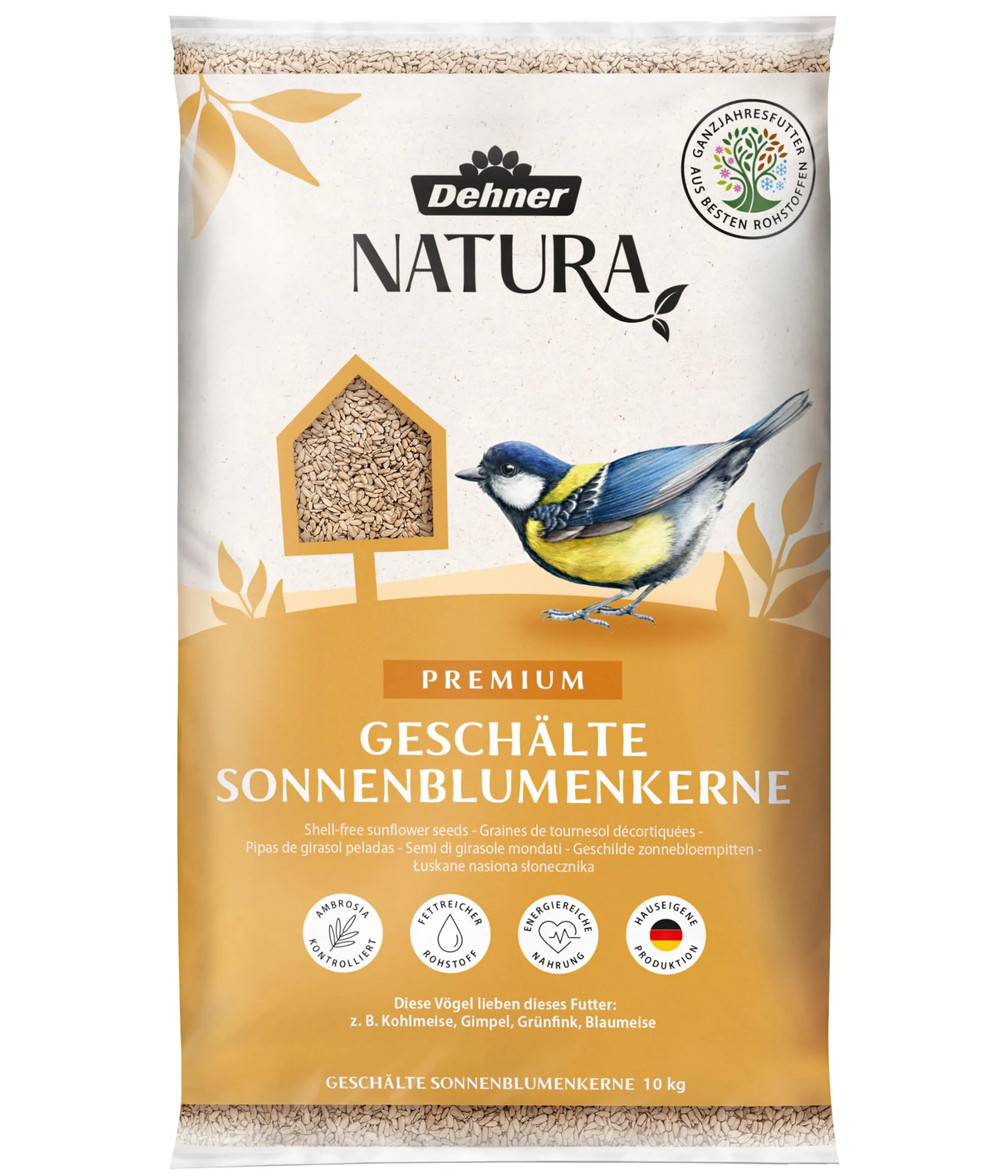 Dehner Natura Premium Mangime per Uccelli Selvatici, Semi di Girasole sbucciati, 10 kg - immagine 1