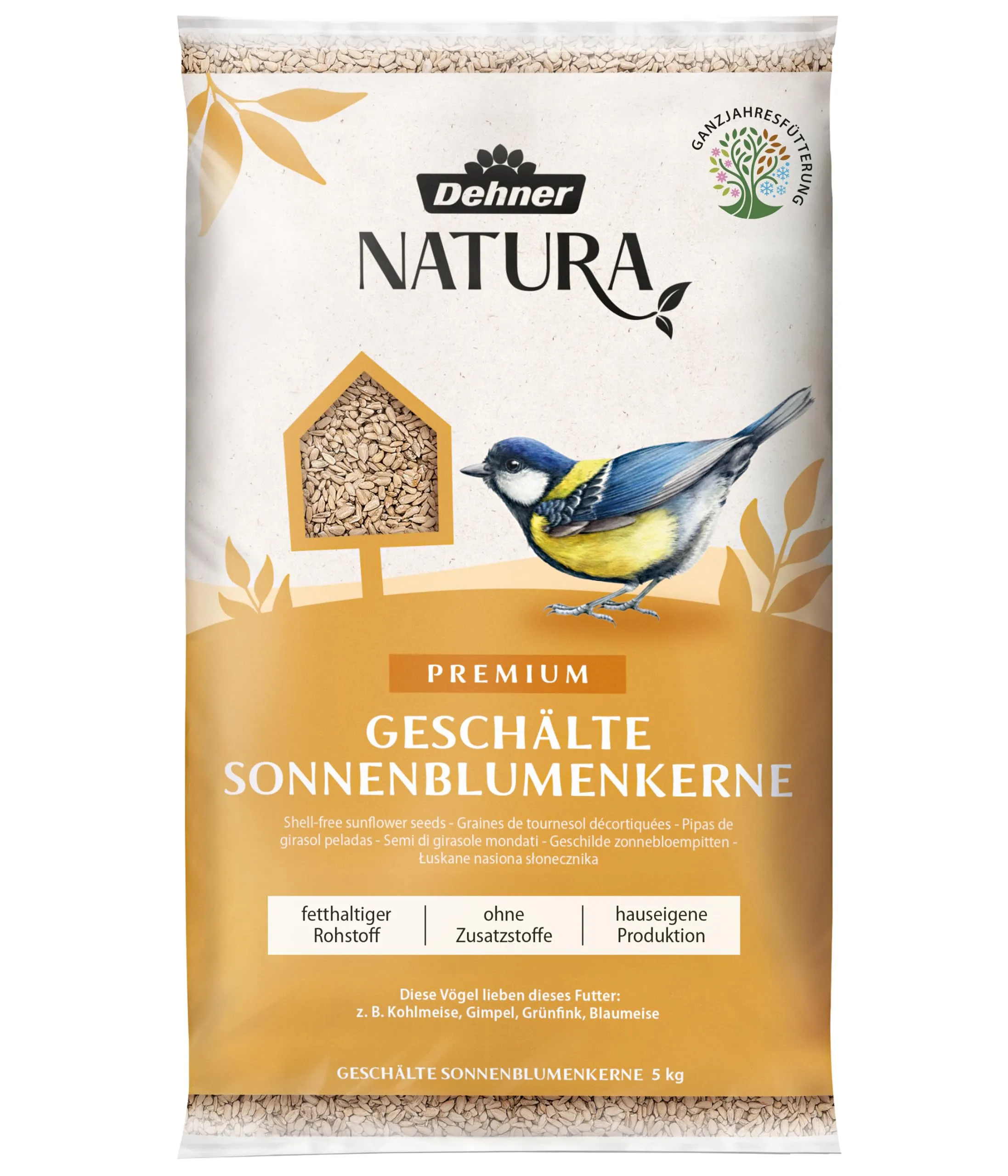 Dehner Natura Premium mangime per Uccelli, Semi di Girasole Non decorticati, Mangime integrativo per Alimentazione Tutto L'Anno, Cibi Grassi per cinciallegre, fringuelli e passeri, 5 kg - immagine 1