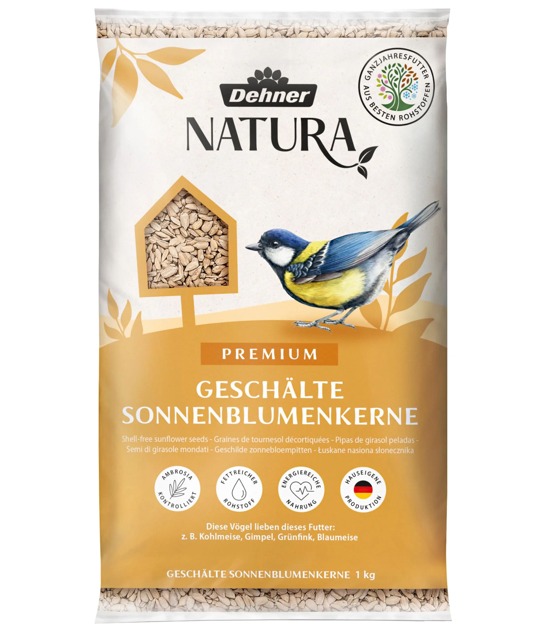 Dehner Natura Premium Mangime per Uccelli Selvatici, Semi di Girasole sbucciati, 1 kg - immagine 1
