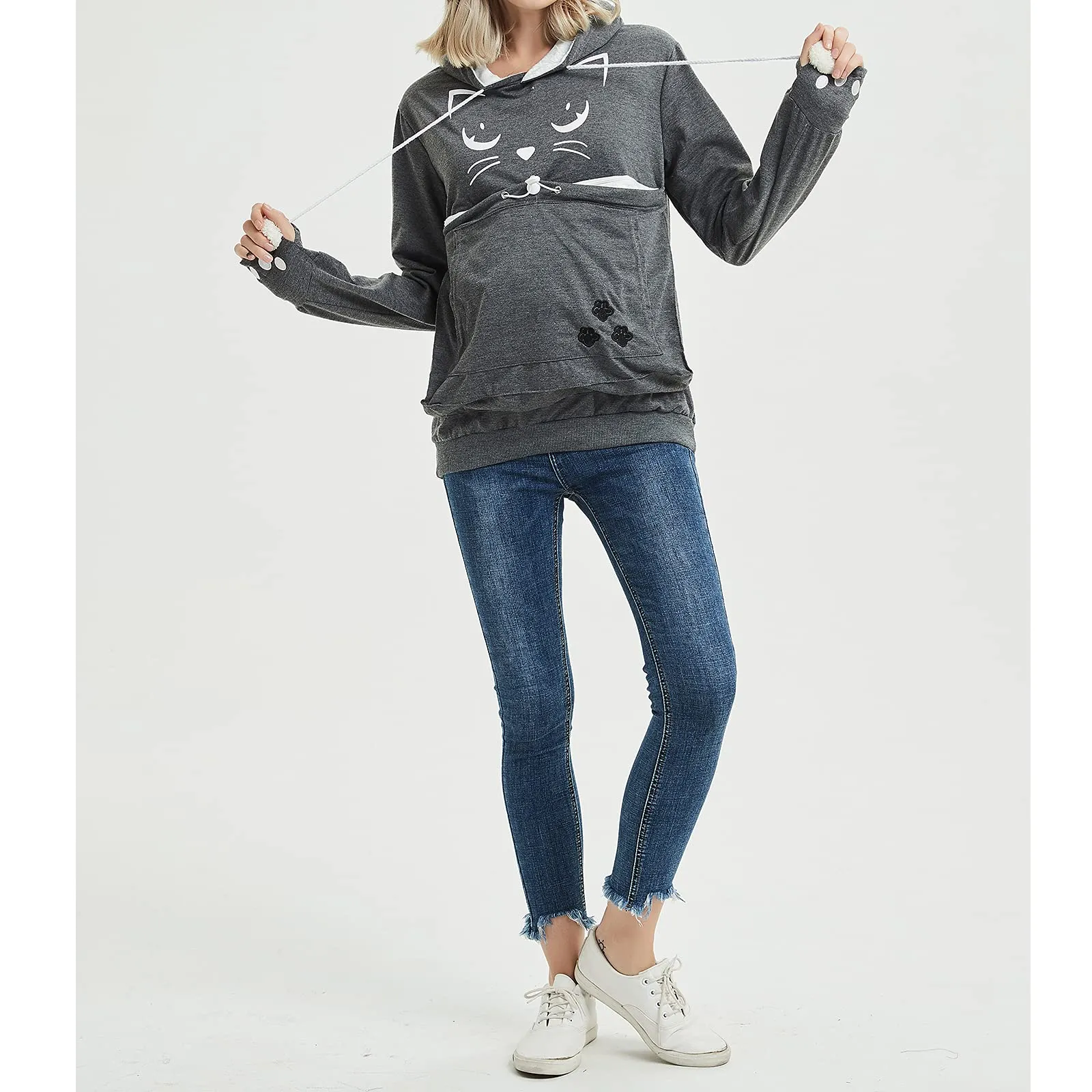 Donna Felpa con Tasca Moda Felpa con Cappuccio Sweatshirt Tasca Porta Gatti Cani E Animali Hoody Moda Felpe Casual Carrier Top Canguro Animale Domestico Cane Gatto Marsupio Grande Felpa con Cappotto - immagine 2