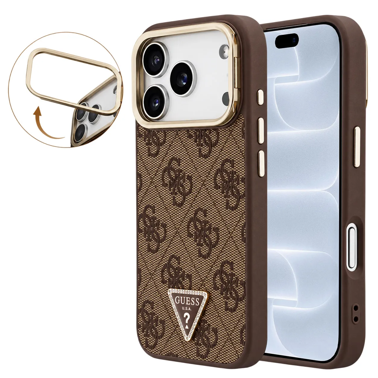 Custodia MagSafe per Apple iPhone 18 Pro / 17 Pro, Guess, 4G Triangle Logo & Stand Camera, Marrone - immagine 1