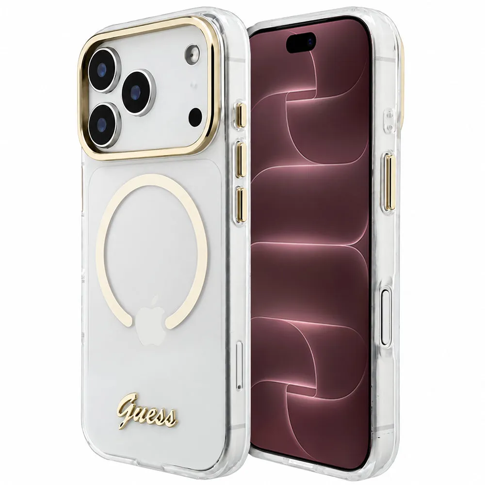 Custodia MagSafe per Apple iPhone 18 Pro Max / 17 Pro Max, Guess, IML Script Metal, trasparente - immagine 1