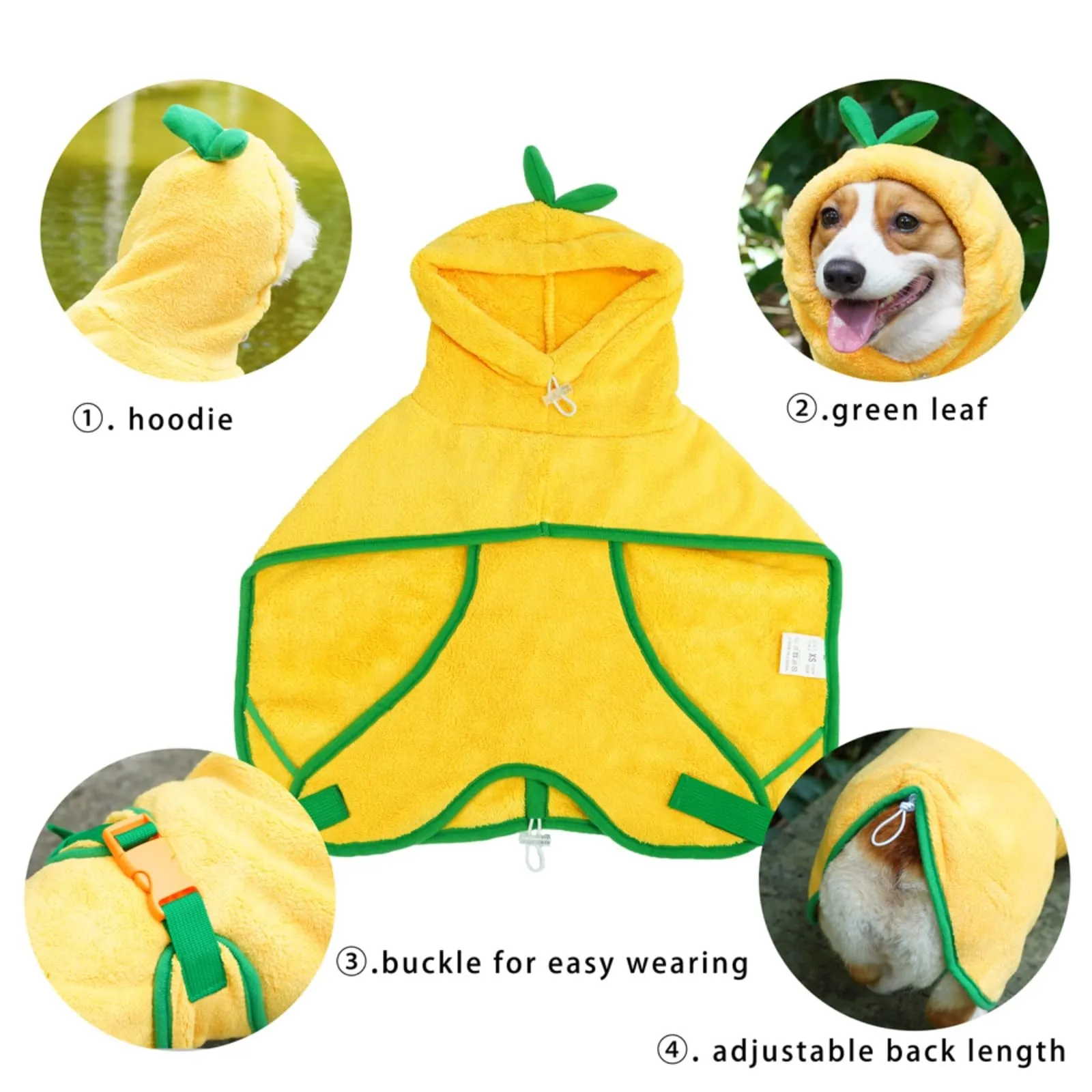 Fnaobai Accappatoio per animali domestici per cani e gatti, ad asciugatura rapida, grazioso asciugamano con cappuccio, collare regolabile e cinghia per la pancia, per piscina e spiaggia (giallo, S) - immagine 3