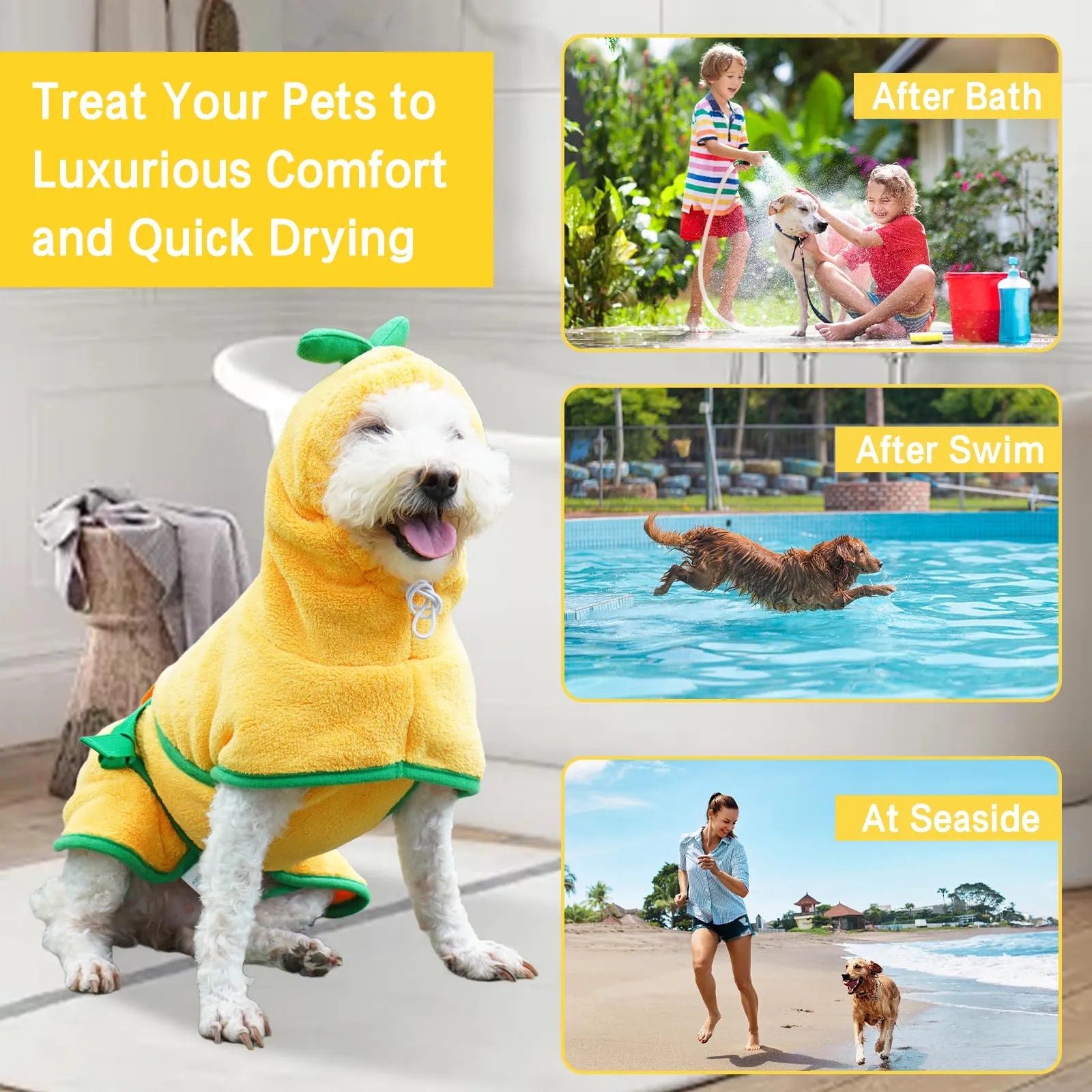 Fnaobai Accappatoio per animali domestici per cani e gatti, ad asciugatura rapida, grazioso asciugamano con cappuccio, collare regolabile e cinghia per la pancia, per piscina e spiaggia (giallo, S) - immagine 4