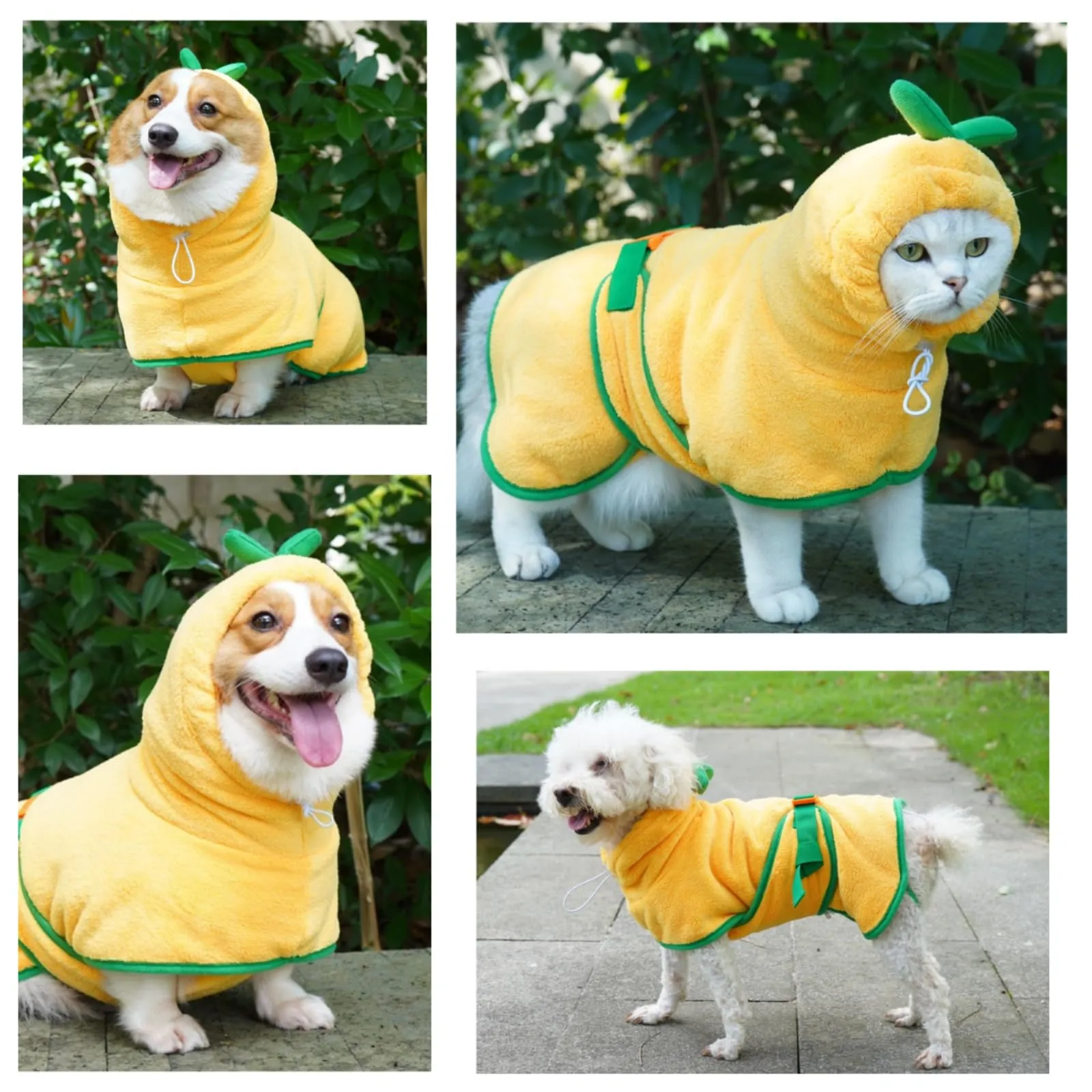 Fnaobai Accappatoio per animali domestici per cani e gatti, ad asciugatura rapida, grazioso asciugamano con cappuccio, collare regolabile e cinghia per la pancia, per piscina e spiaggia (giallo, S) - immagine 5