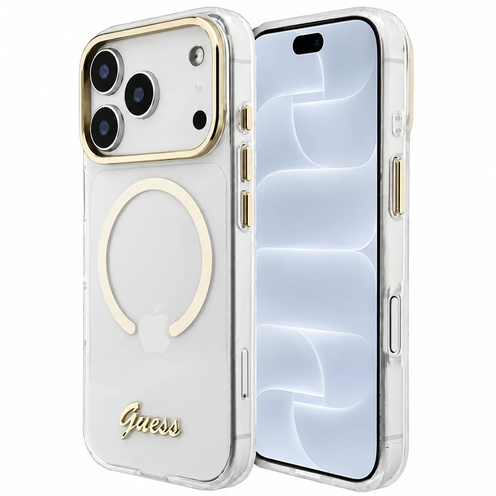 Custodia MagSafe per Apple iPhone 18 Pro / 17 Pro, Guess, IML Script Metal, trasparente - immagine 1