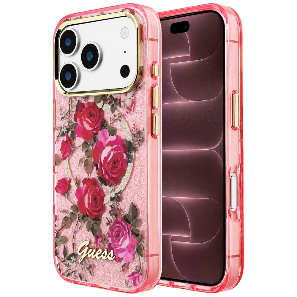 Custodia MagSafe per Apple iPhone 18 Pro Max / 17 Pro Max, Guess, IML Glitter Blossom Roses, Rosa - immagine 1