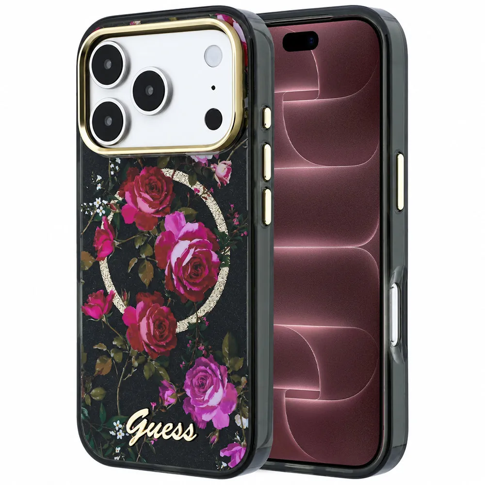Custodia MagSafe per Apple iPhone 18 Pro Max / 17 Pro Max, Guess, IML Glitter Blossom Roses, nera - immagine 1