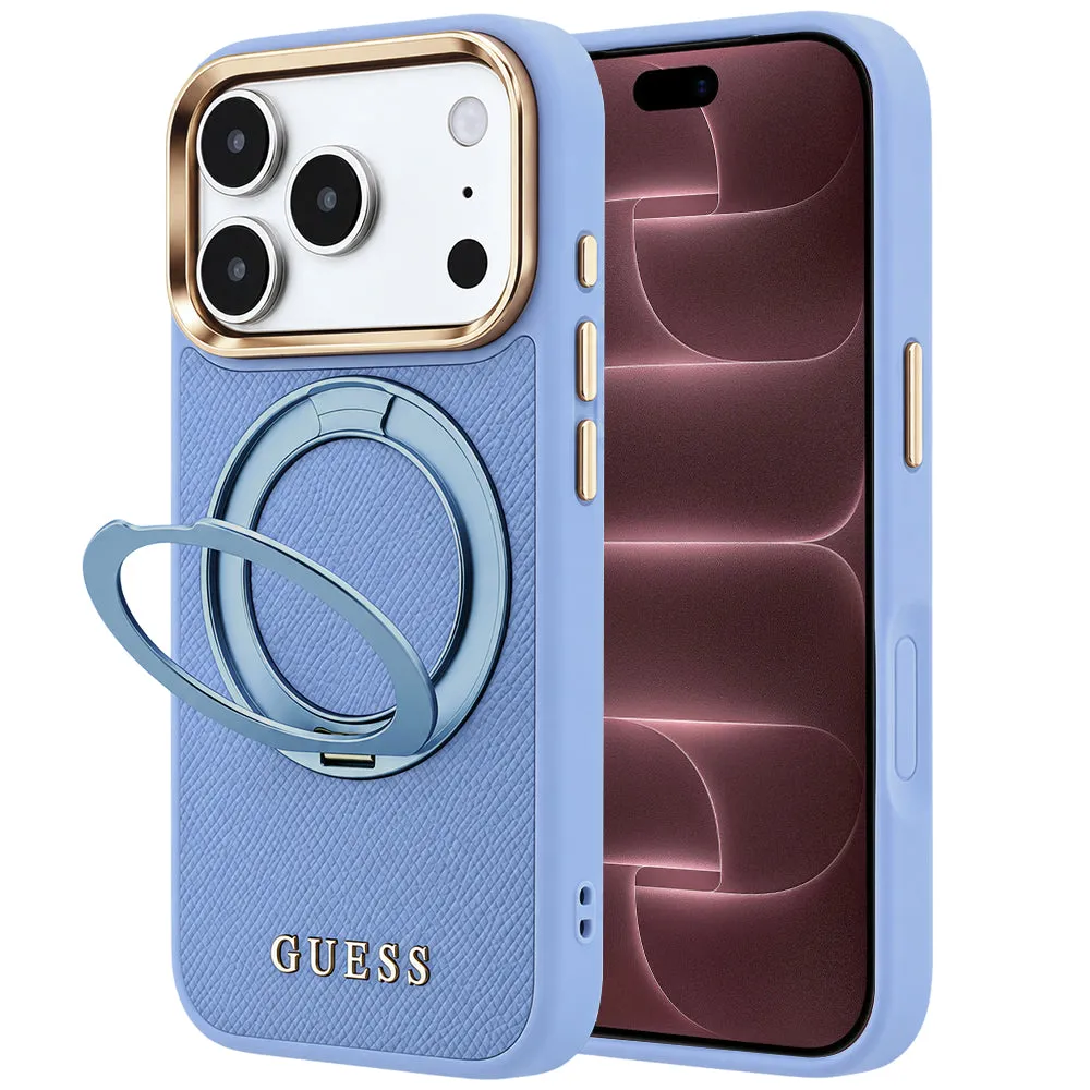 Custodia MagSafe per Apple iPhone 18 Pro Max / 17 Pro Max, Guess, Grained Ring Stand 360 Classic, blu - immagine 1