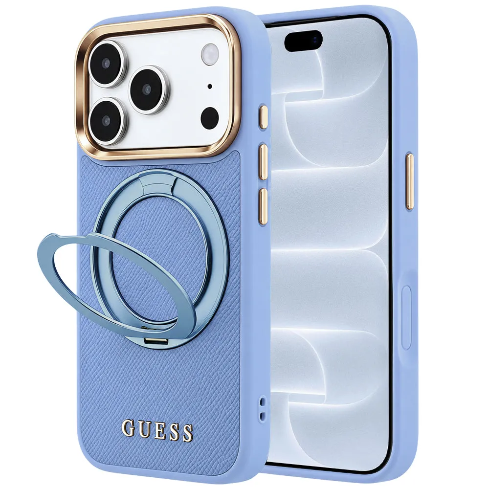 Custodia MagSafe per Apple iPhone 18 Pro / 17 Pro, Guess, Grained Ring Stand 360 Classic, bluette - immagine 1