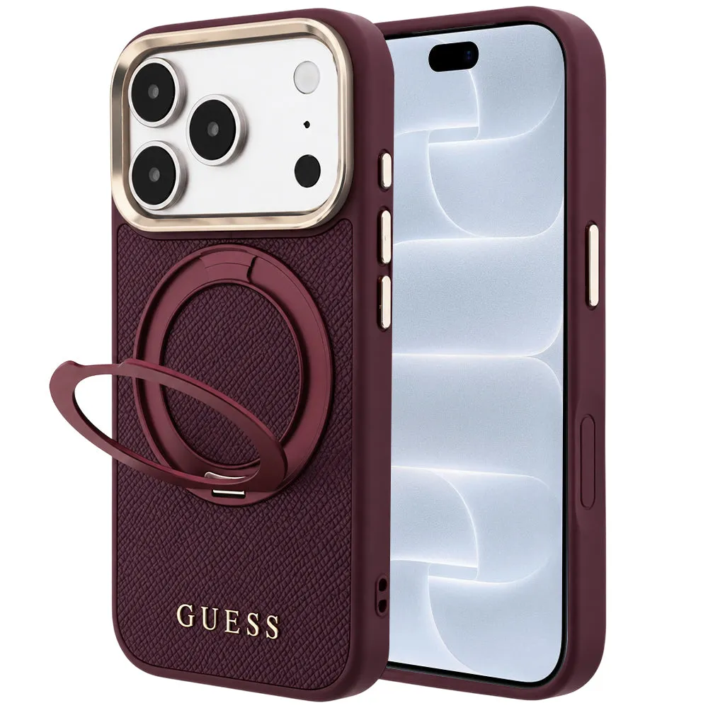 Custodia MagSafe per Apple iPhone 18 Pro / 17 Pro, Guess, Grained Ring Stand 360 Classic, color bordeaux - immagine 1