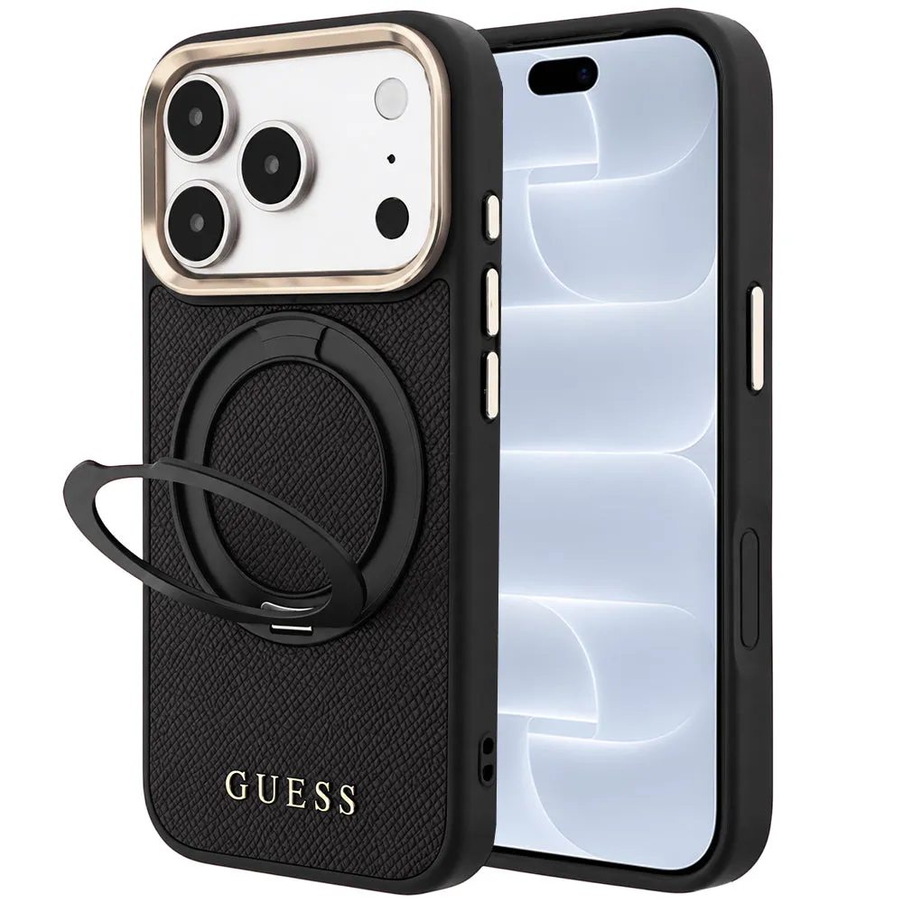 Custodia MagSafe per Apple iPhone 18 Pro / 17 Pro, Guess, Grained Ring Stand 360 Classic, nera - immagine 1