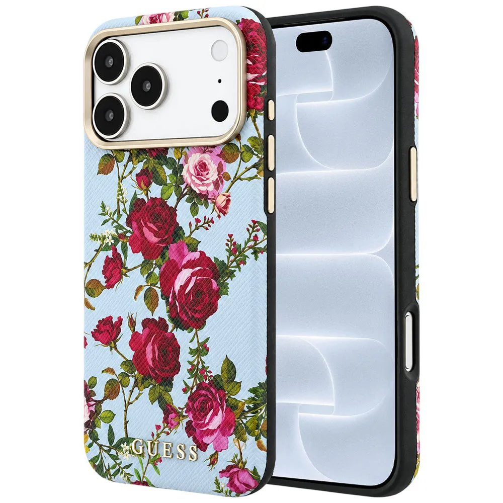 Custodia MagSafe per Apple iPhone 18 Pro / 17 Pro, Guess, Blossom Roses Print, blu fiorito - immagine 1