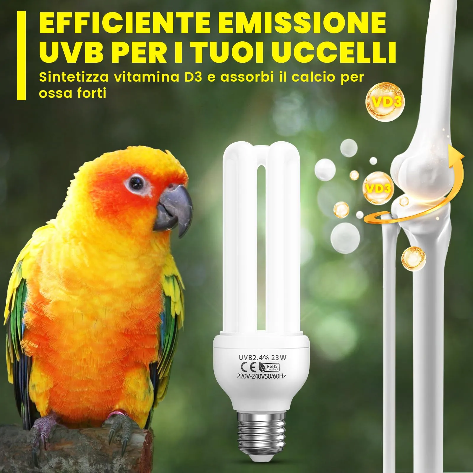 BrightArk Lampada per Uccelli E27 UVB 2.4, 23W Fluorescente Compatta 2.4 UVB Lampada per Uccelli, Pappagalli, Rettili - immagine 2