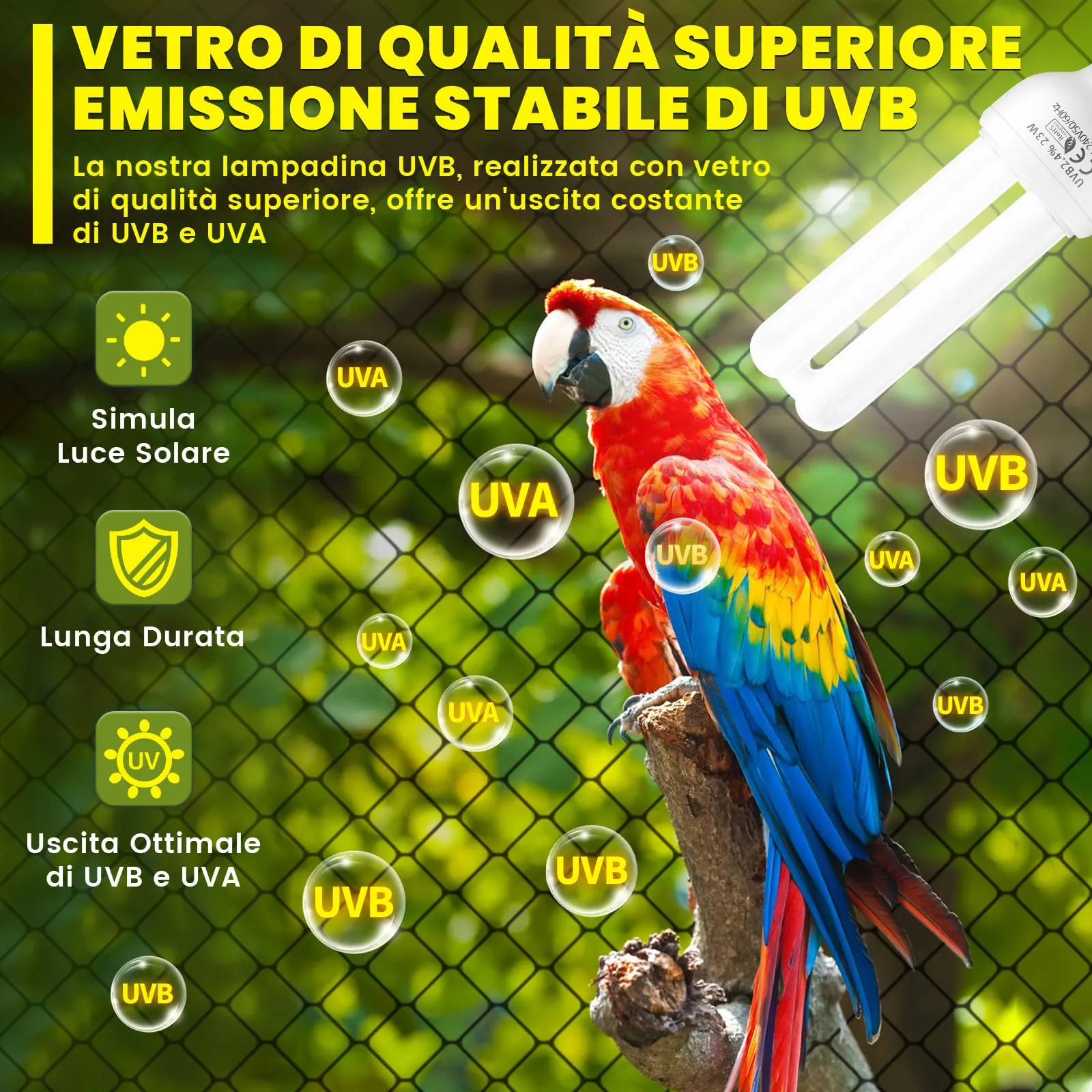 BrightArk Lampada per Uccelli E27 UVB 2.4, 23W Fluorescente Compatta 2.4 UVB Lampada per Uccelli, Pappagalli, Rettili - immagine 3