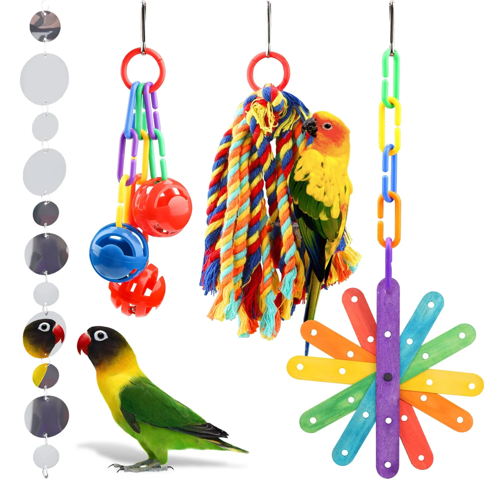 QUOZUO 4 Pezzi Giocattoli Pappagallo di Uccelli, Colorato Uccello Giochi da Masticare Altalena Appesa Giocattoli Gabbia, Colorato legno giocattolo, Corda Perch per Piccoli e Medio uccelli - immagine 1
