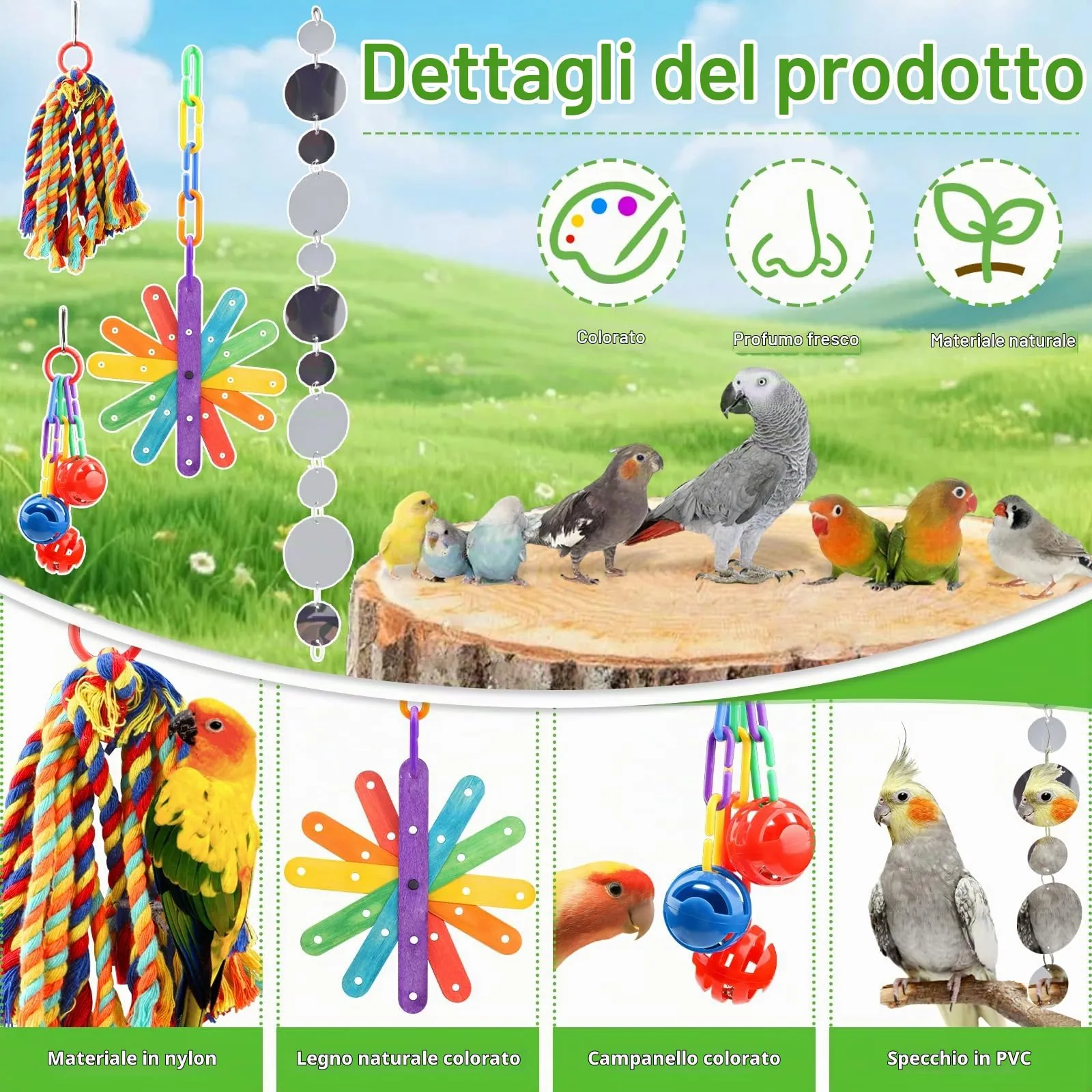 QUOZUO 4 Pezzi Giocattoli Pappagallo di Uccelli, Colorato Uccello Giochi da Masticare Altalena Appesa Giocattoli Gabbia, Colorato legno giocattolo, Corda Perch per Piccoli e Medio uccelli - immagine 3